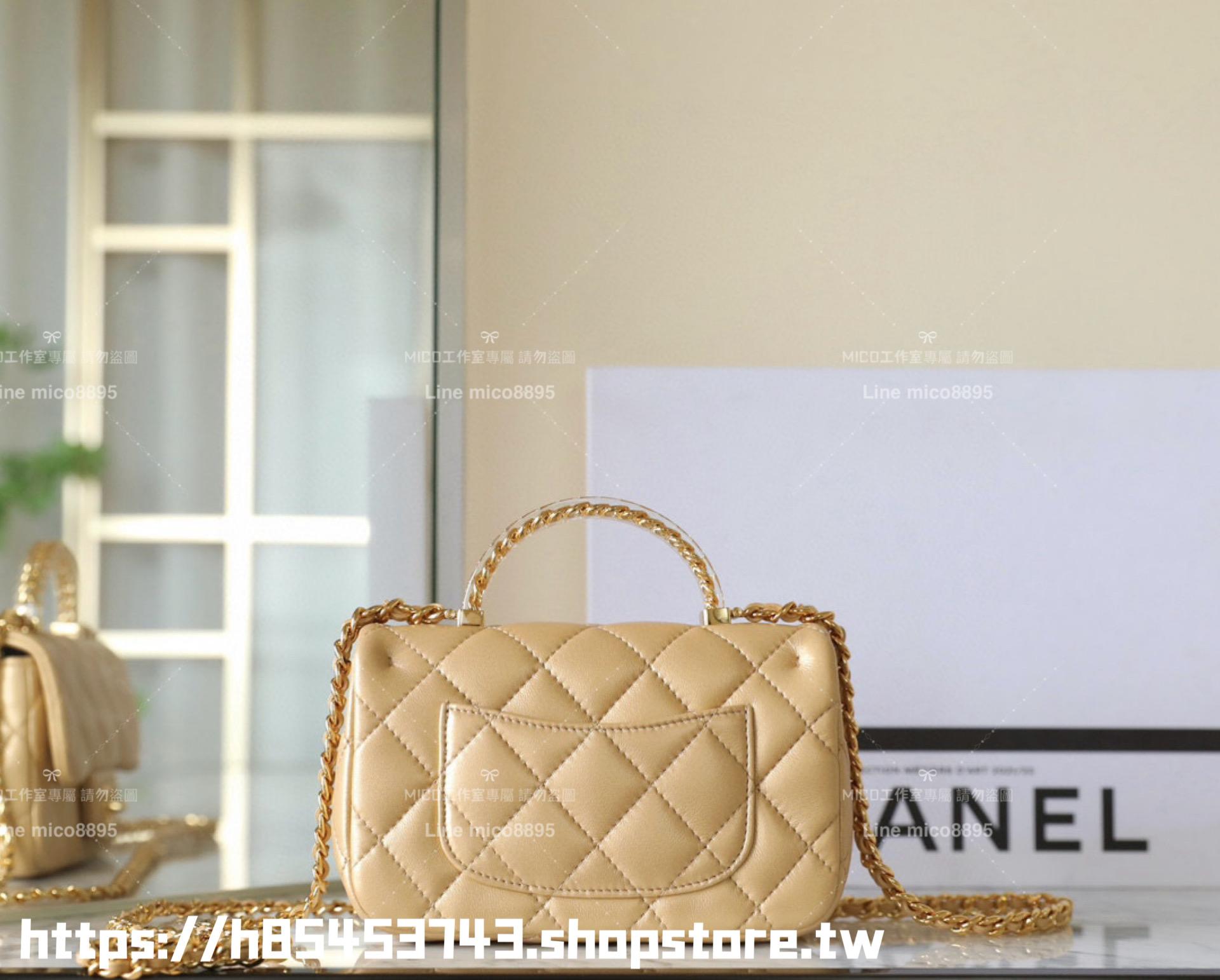 CHANEL 香奈兒 24s 金色/金釦/羊皮 樹脂透明手柄CF口蓋包 miniCF 19cm