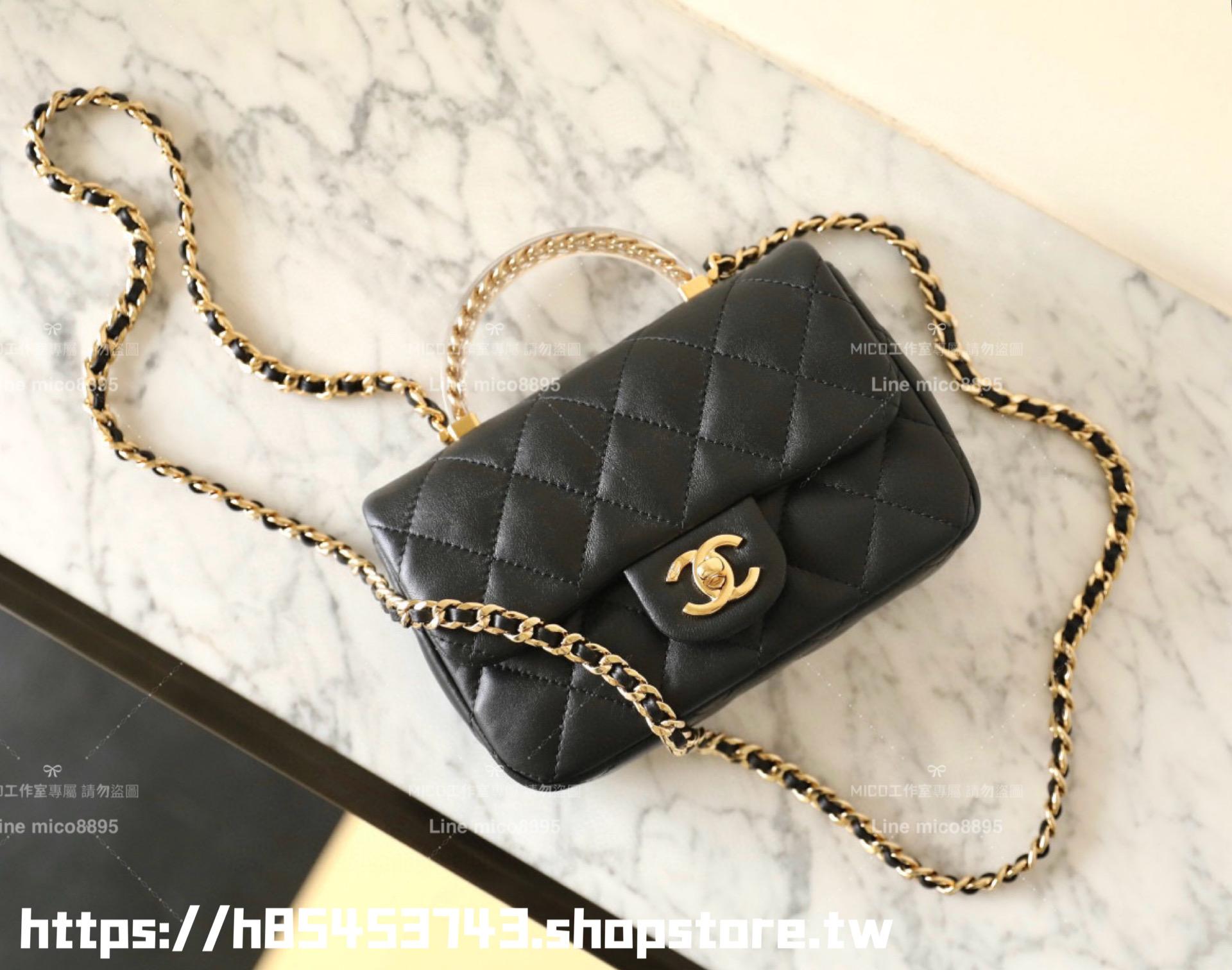 CHANEL 香奈兒 24s 黑色/金釦/羊皮 樹脂透明手柄CF口蓋包 miniCF 19cm