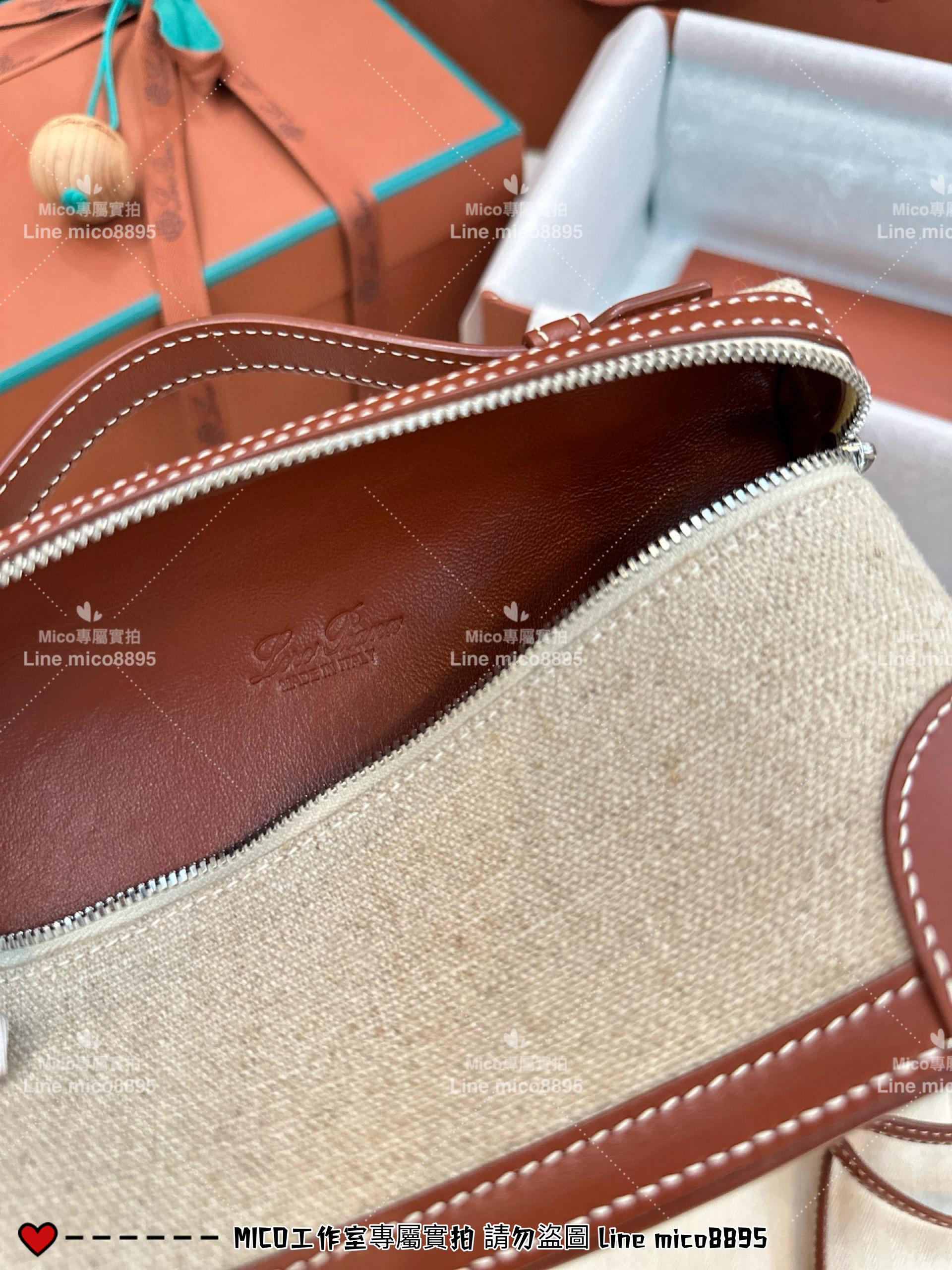 Loro Piana Extra Poket L19 飯盒包 亞麻帆布拼皮/銀釦 小牛皮 19cm