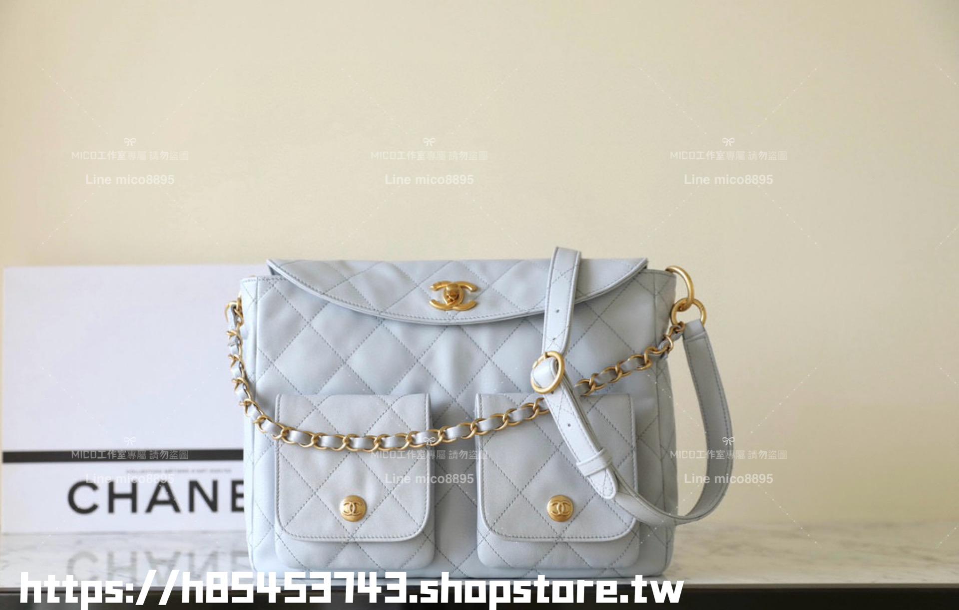 CHANEL 香奈兒 24P 灰藍色/大號 牛皮革 真皮 嬉皮郵差包 30cm