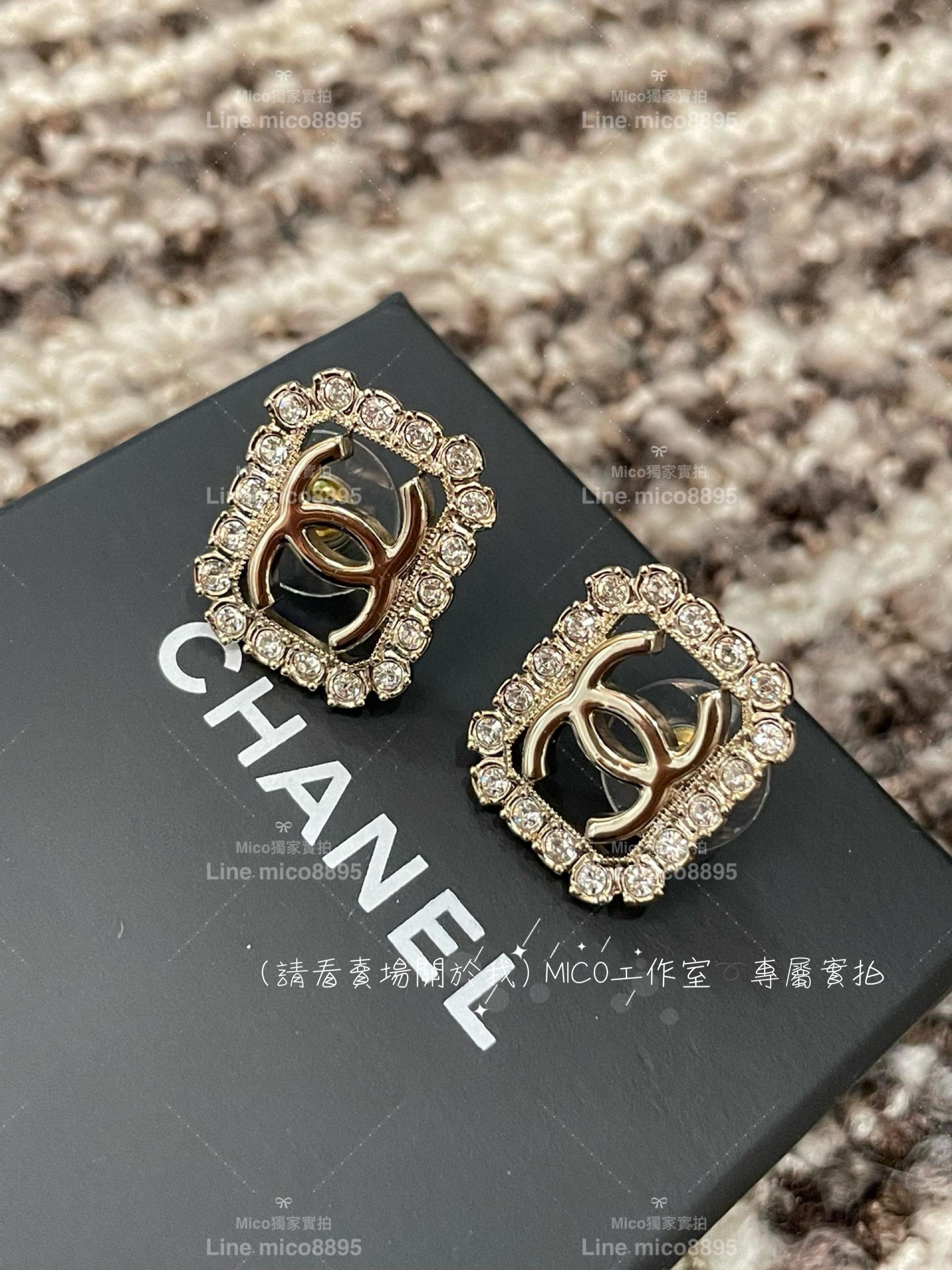 CHANEL 小香 實用款 花邊鑽方框耳釘/耳環 施華洛世奇水鑽