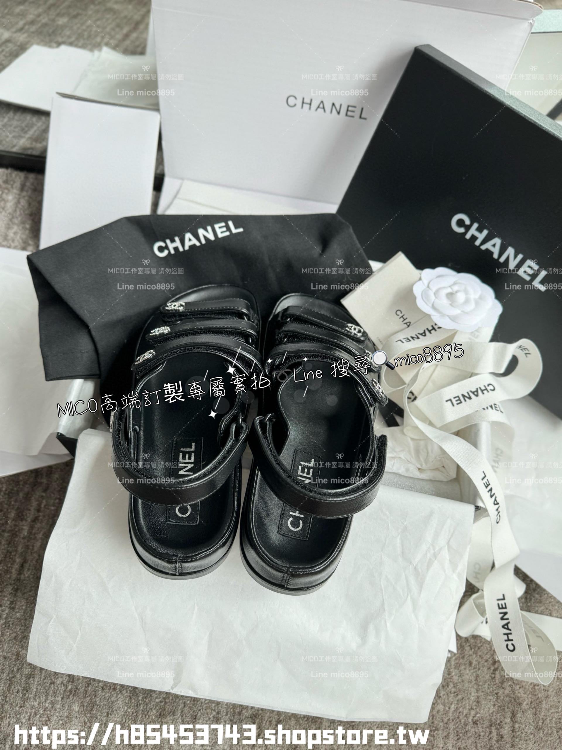 Chanel 24s新款 黑色三槓水鑽雙C涼鞋/沙灘涼鞋 小羊皮材質/真皮 35-39