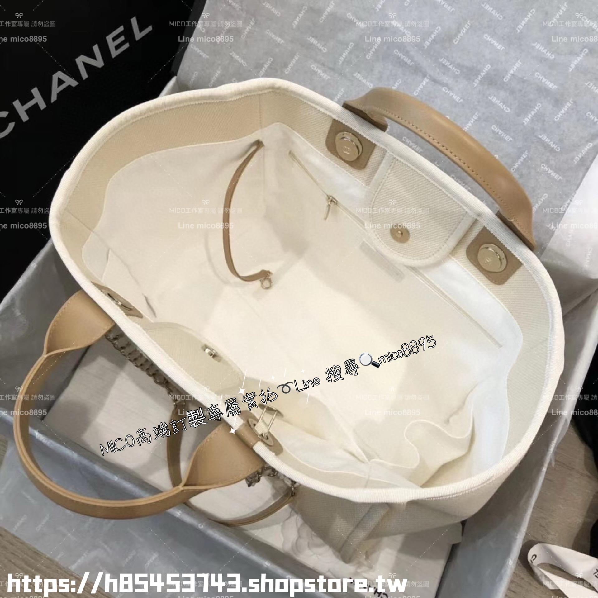 CHANEL 米白色珍珠字母手提肩背沙灘包 購物包 托特包 尺寸：30*39*22cm