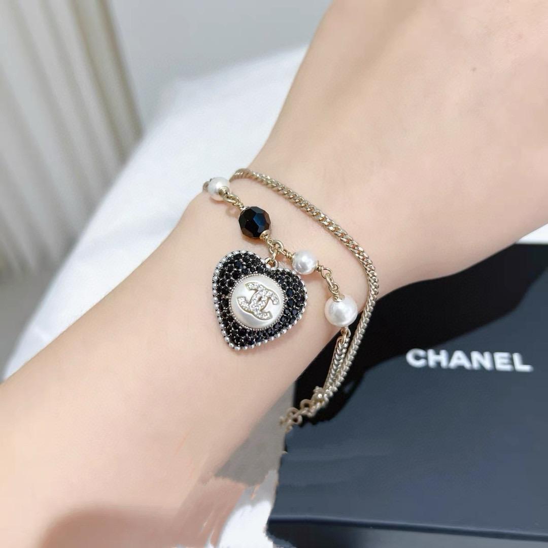 CHANEL 黑鑽雙層滿鑽愛心手鍊 施華洛世奇水鑽