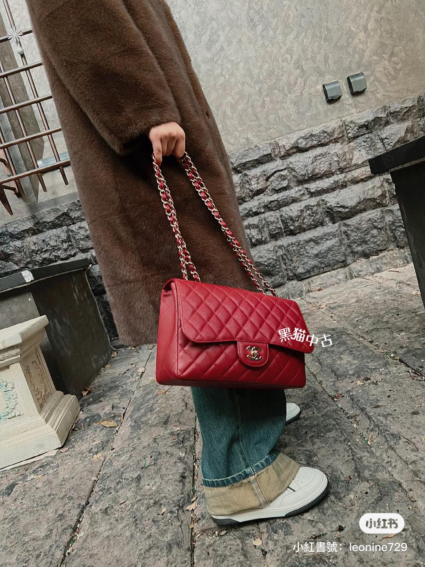 CHANEL Classic Flap Jumbo30 紅色魚子醬牛皮/金釦 30cm