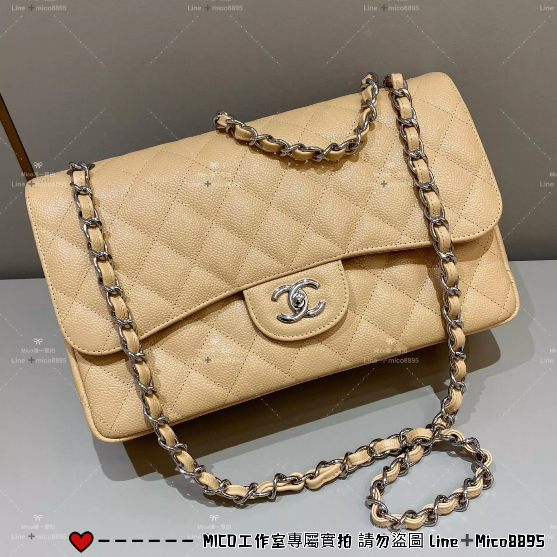 CHANEL Classic Flap Jumbo30 杏色魚子醬牛皮/銀釦 30cm