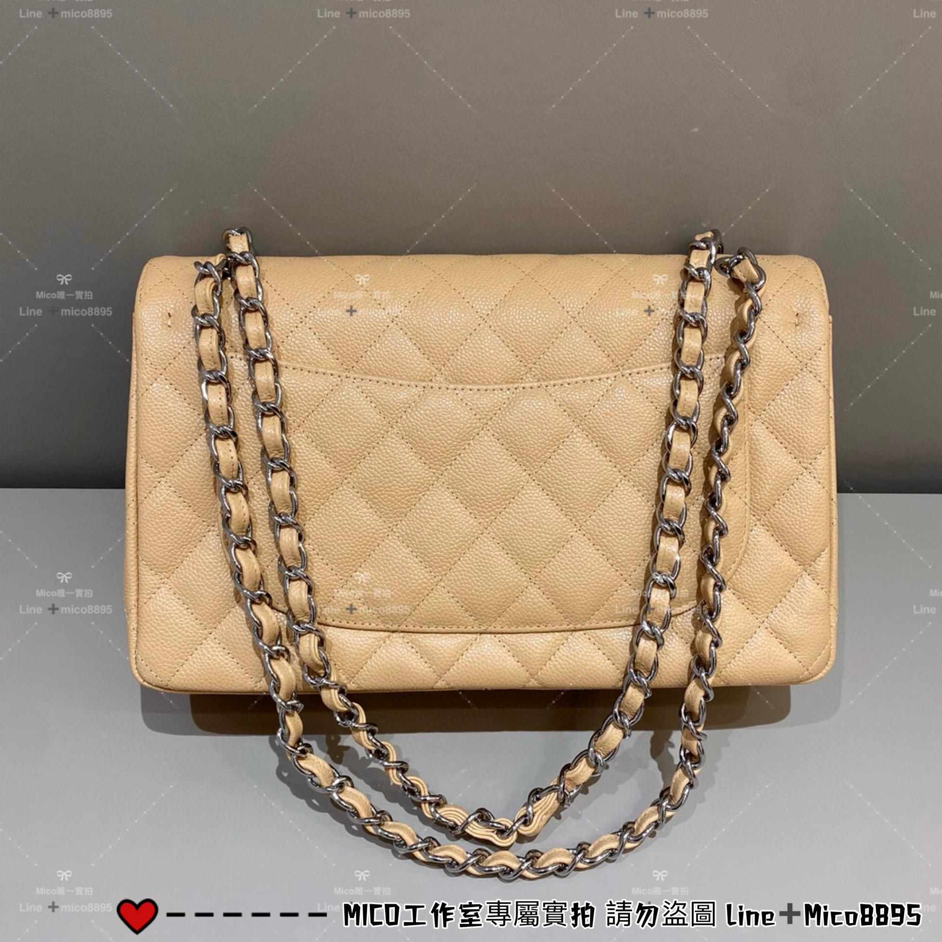 CHANEL Classic Flap Jumbo30 杏色魚子醬牛皮/銀釦 30cm