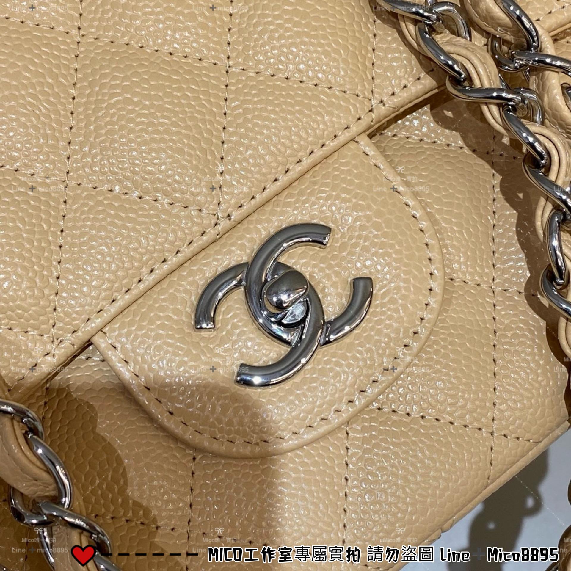 CHANEL Classic Flap Jumbo30 杏色魚子醬牛皮/銀釦 30cm