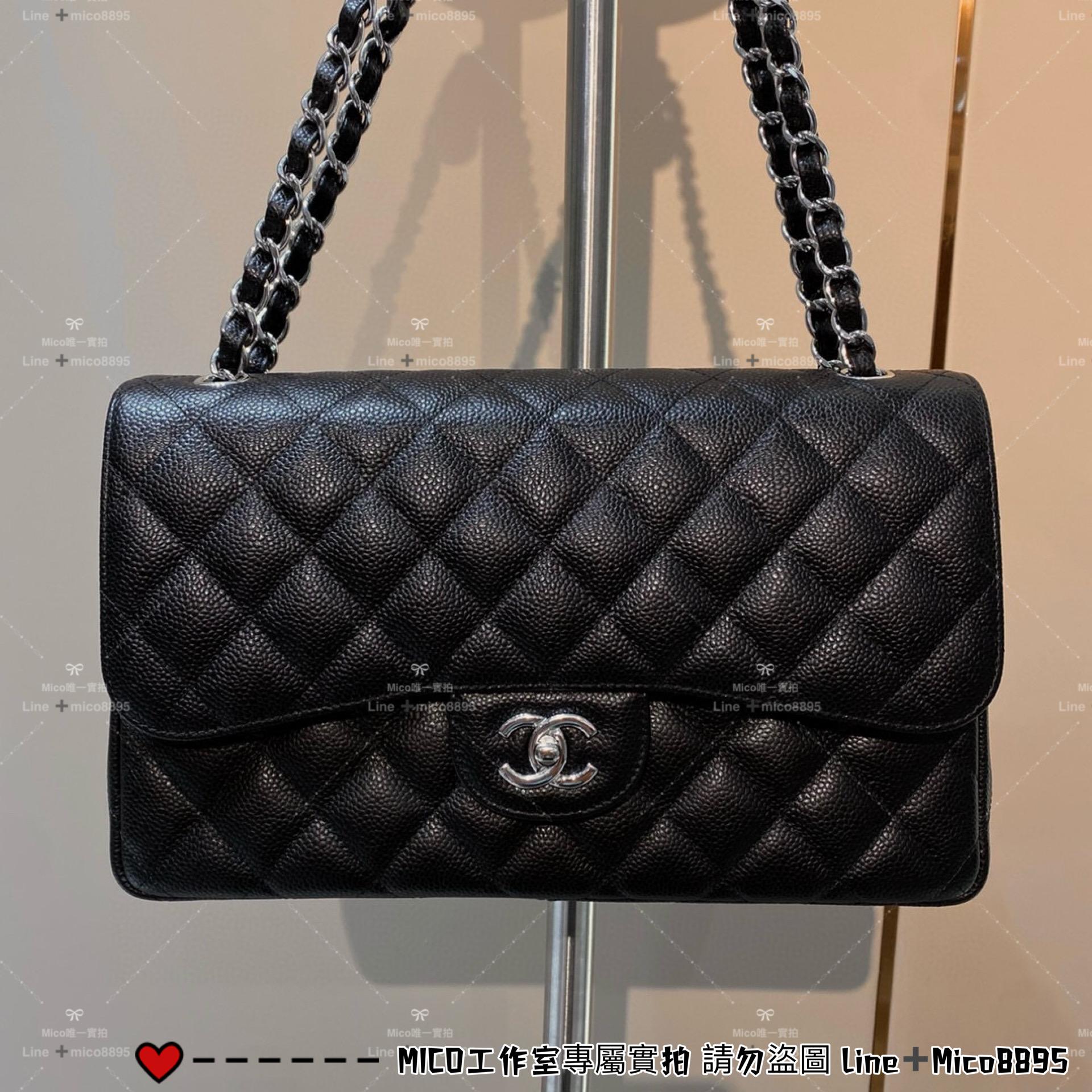 CHANEL Classic Flap Jumbo30 黑色魚子醬牛皮/銀釦 30cm