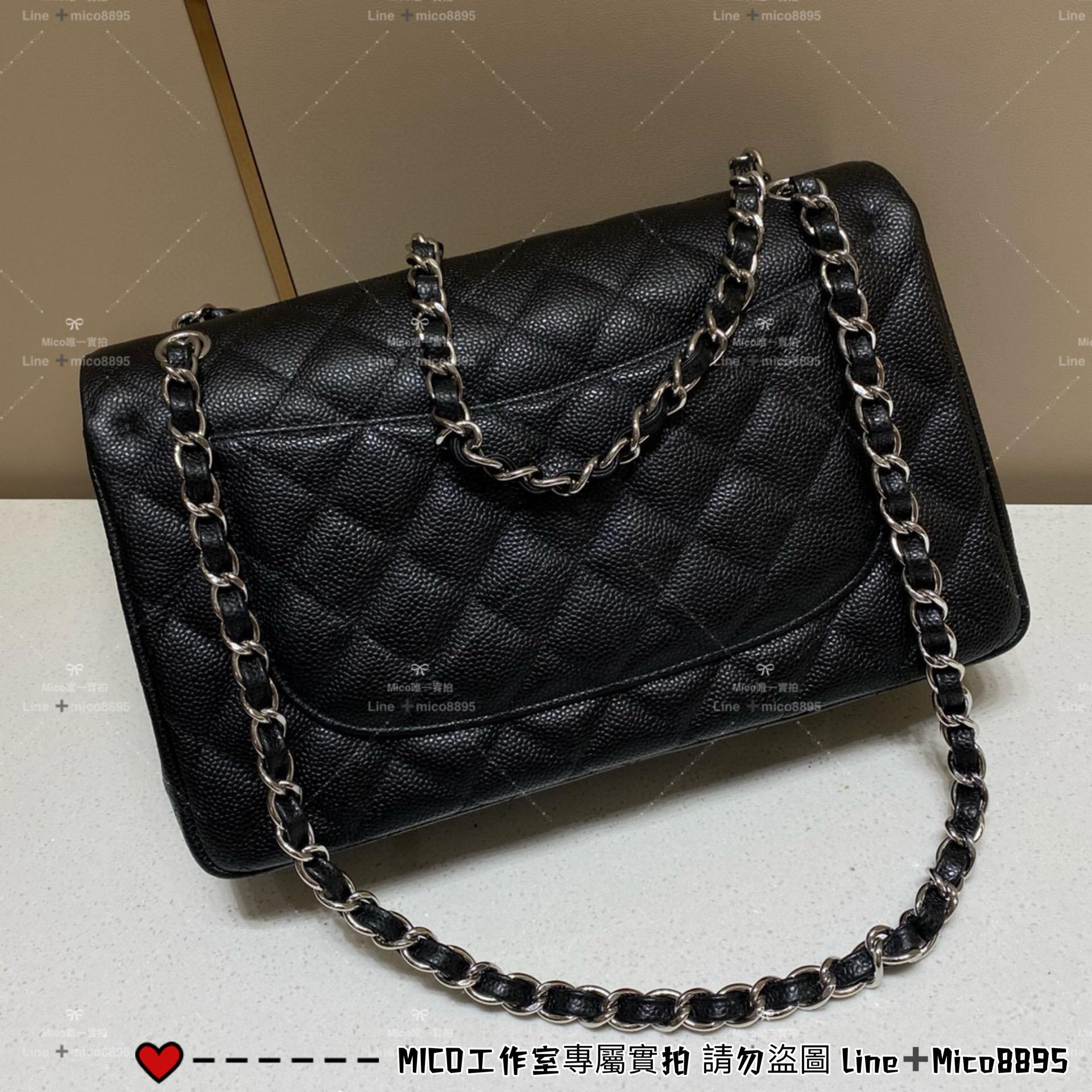 CHANEL Classic Flap Jumbo30 黑色魚子醬牛皮/銀釦 30cm