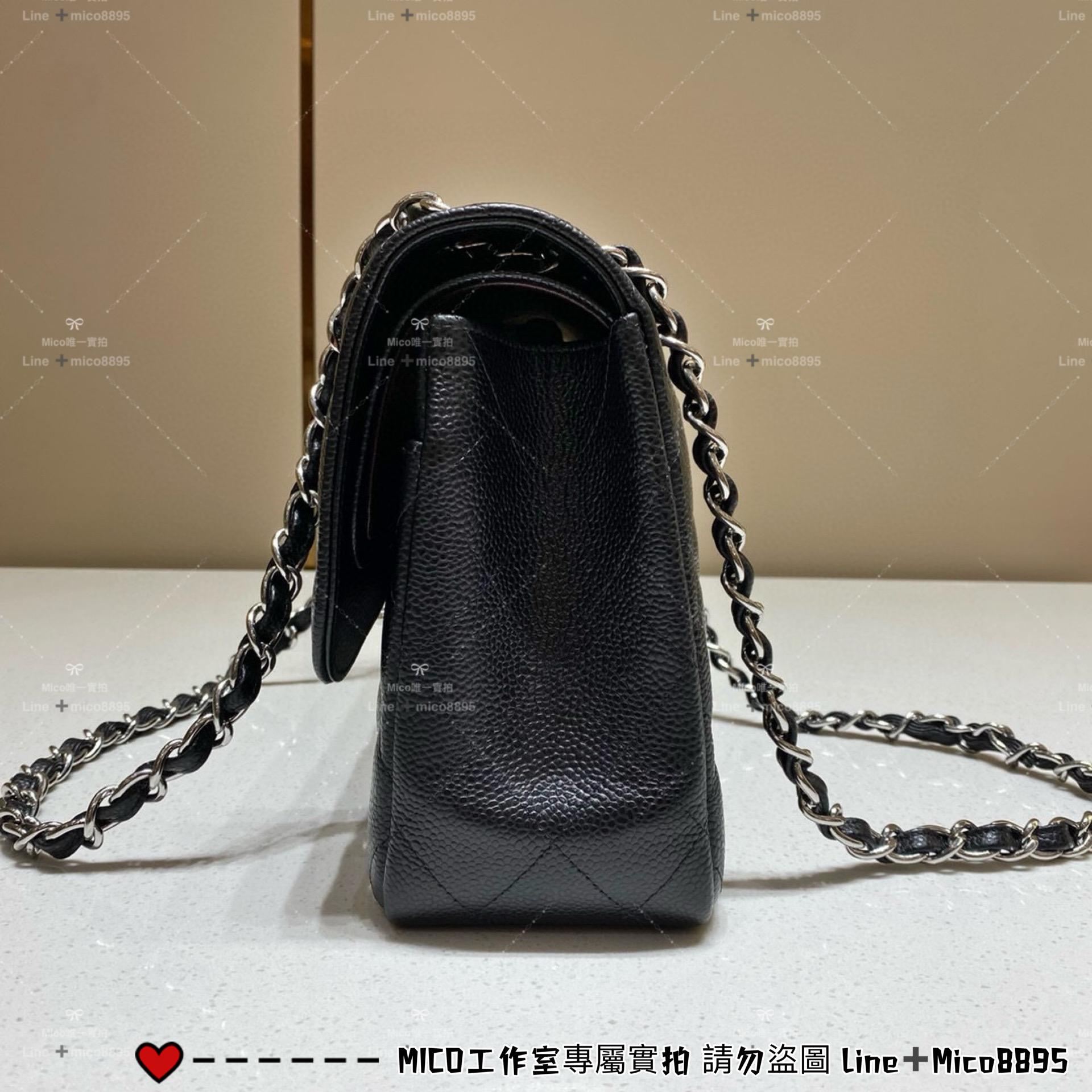 CHANEL Classic Flap Jumbo30 黑色魚子醬牛皮/銀釦 30cm