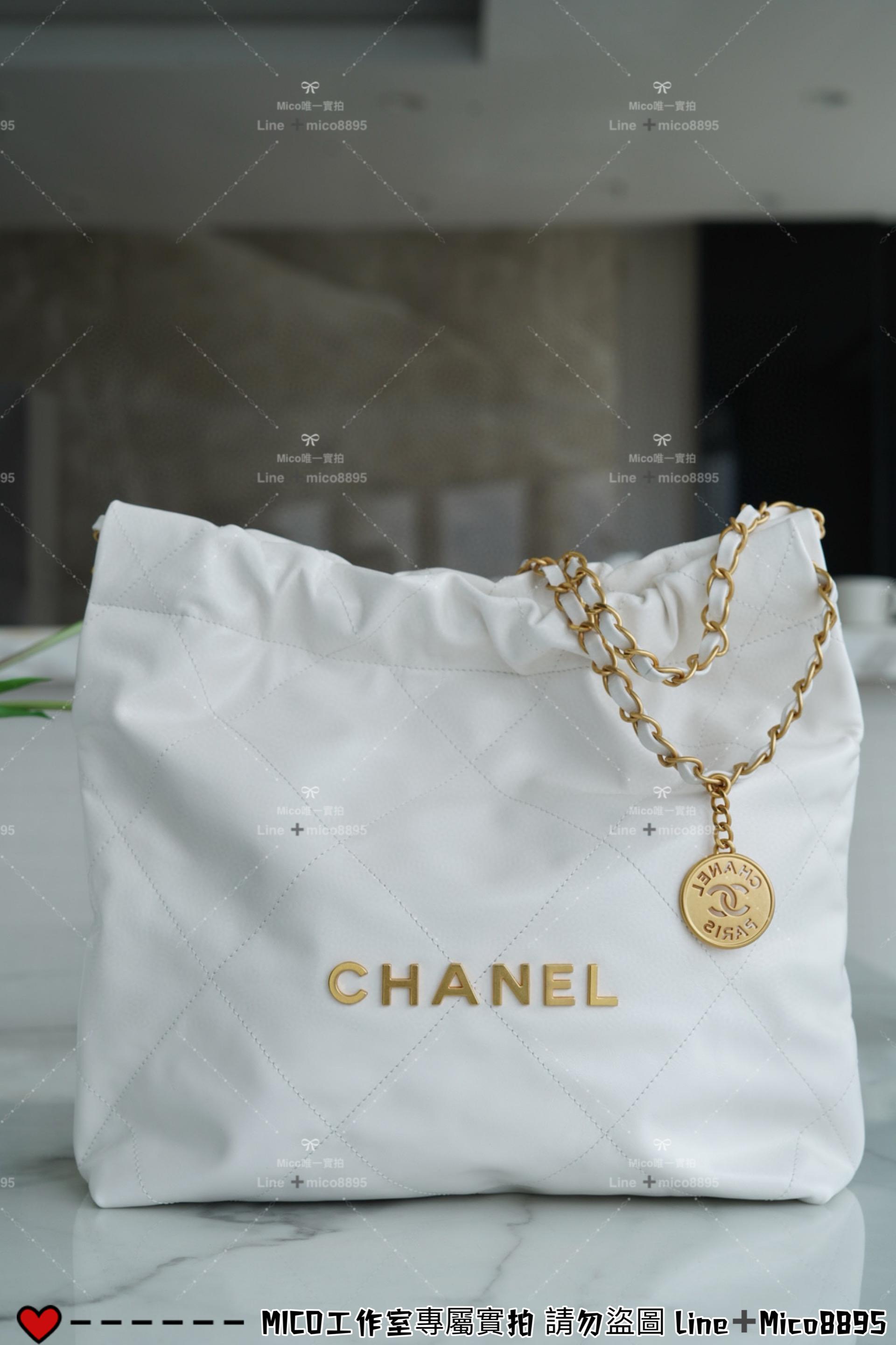 CHANEL 22k 小號白色金釦 22Bag/22包 購物袋/媽媽包 35cm