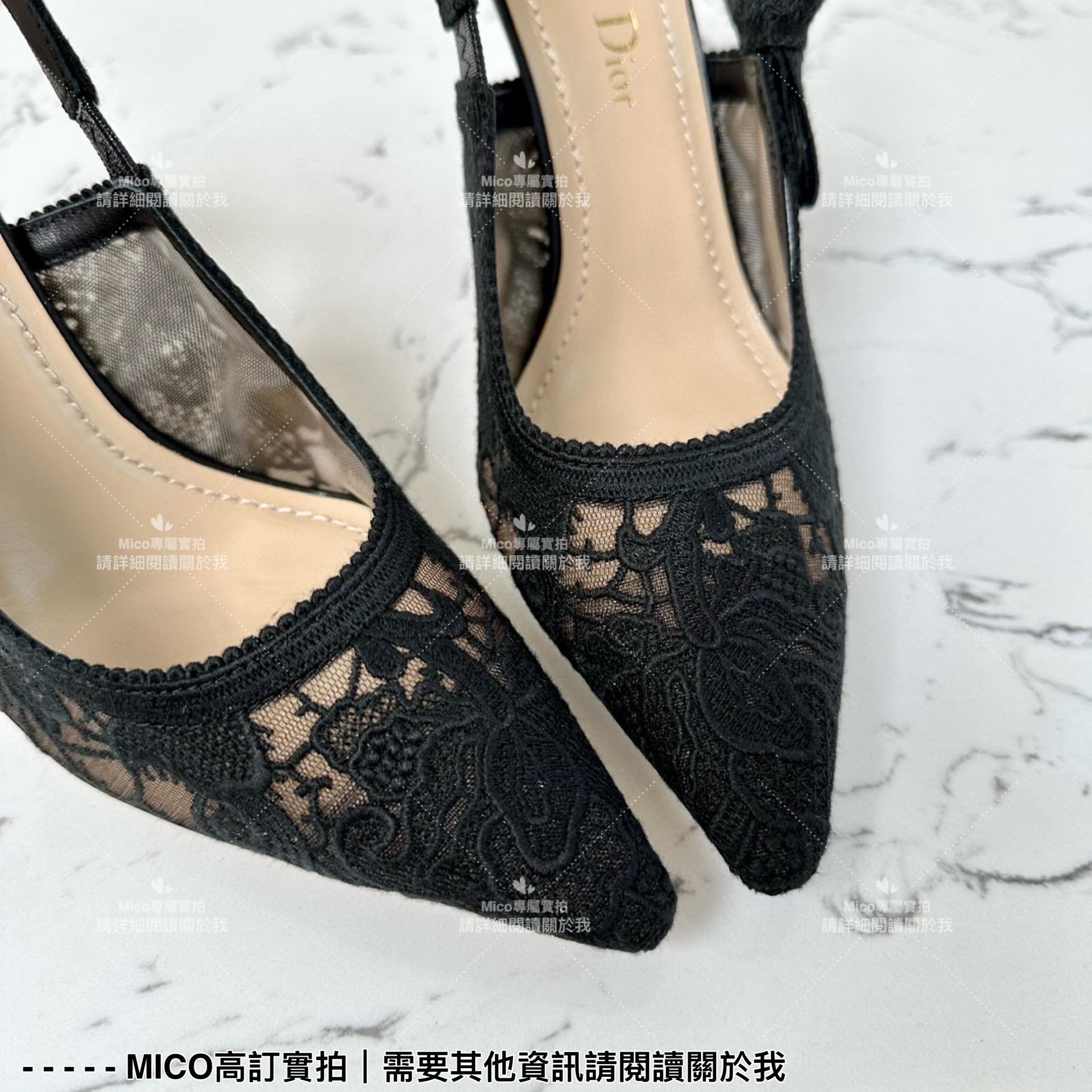 Dior 經典小貓跟黑色蕾絲尖頭繫帶跟鞋/涼鞋/女鞋 跟高9cm 35-40