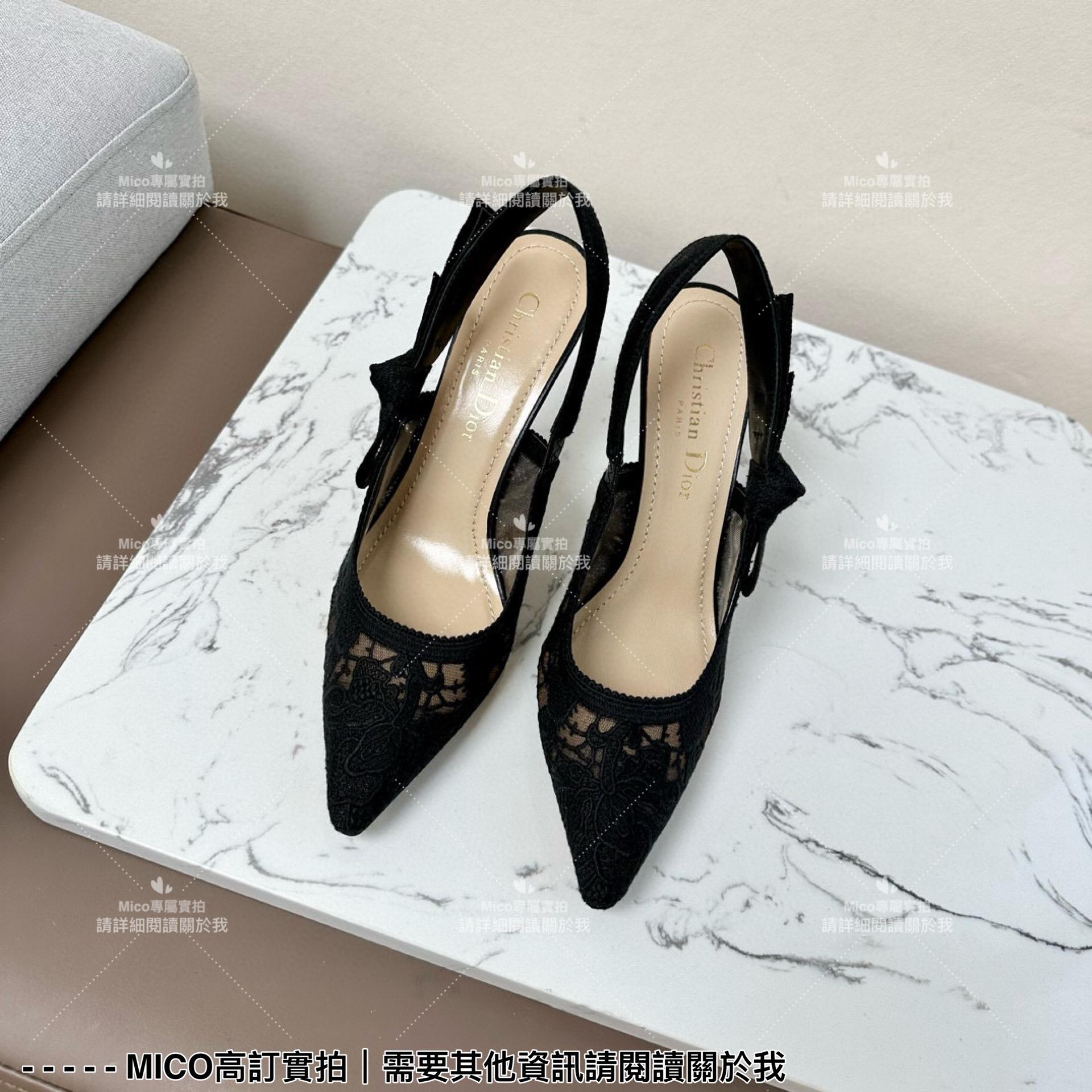 Dior 經典小貓跟黑色蕾絲尖頭繫帶跟鞋/涼鞋/女鞋 跟高9cm 35-40