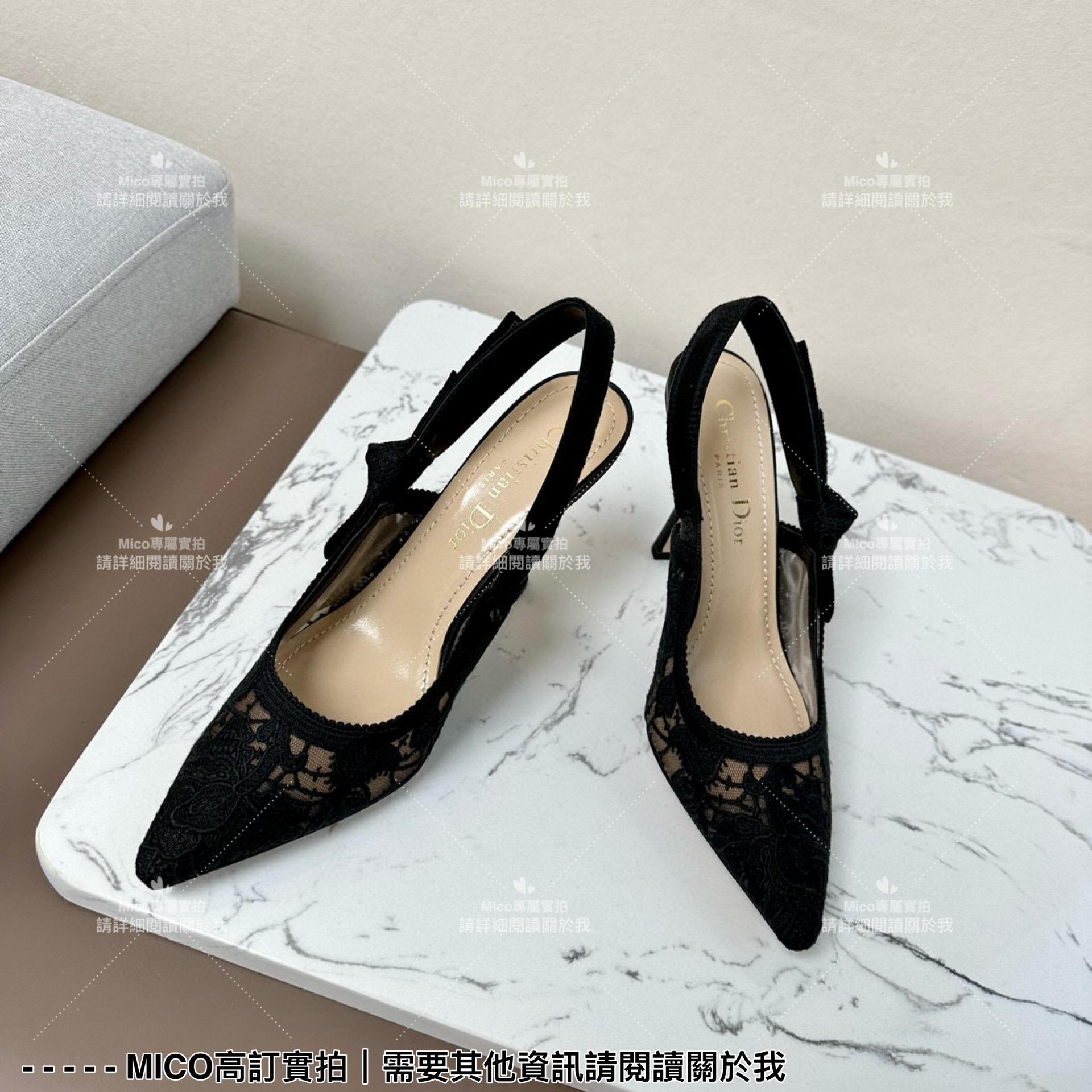 Dior 經典小貓跟黑色蕾絲尖頭繫帶跟鞋/涼鞋/女鞋 跟高9cm 35-40