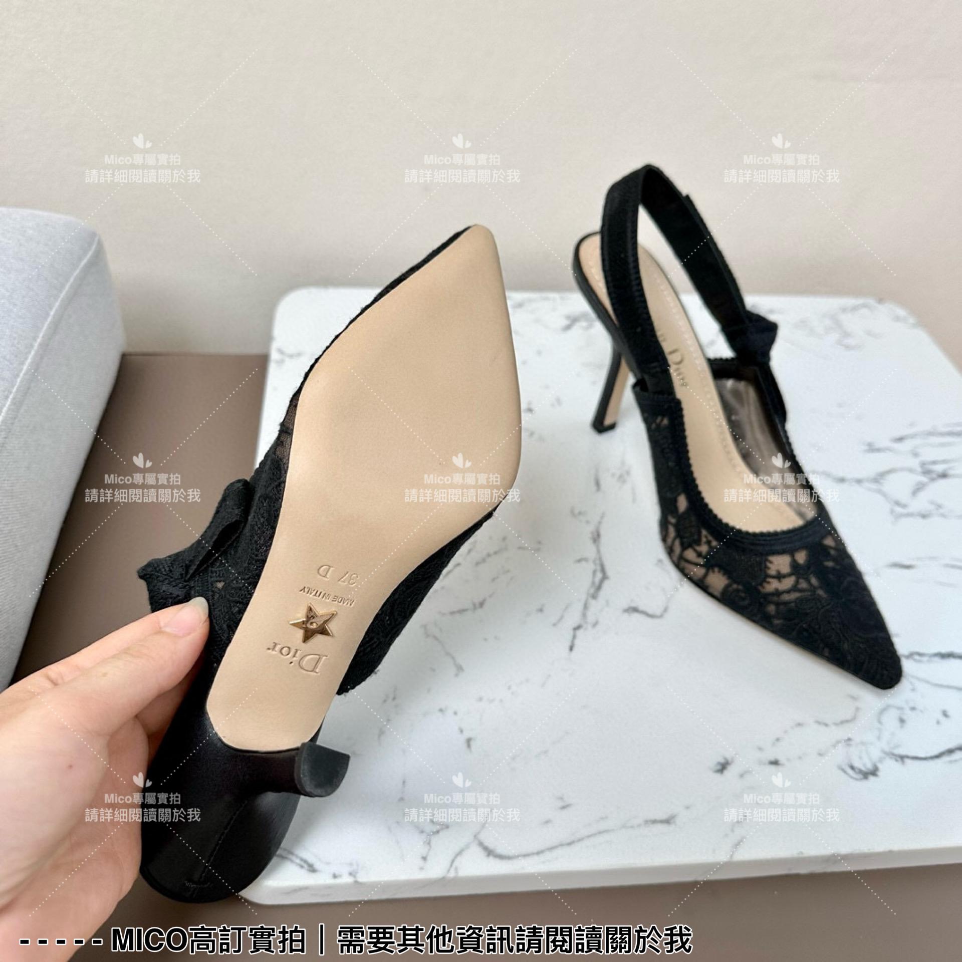 Dior 經典小貓跟黑色蕾絲尖頭繫帶跟鞋/涼鞋/女鞋 跟高9cm 35-40