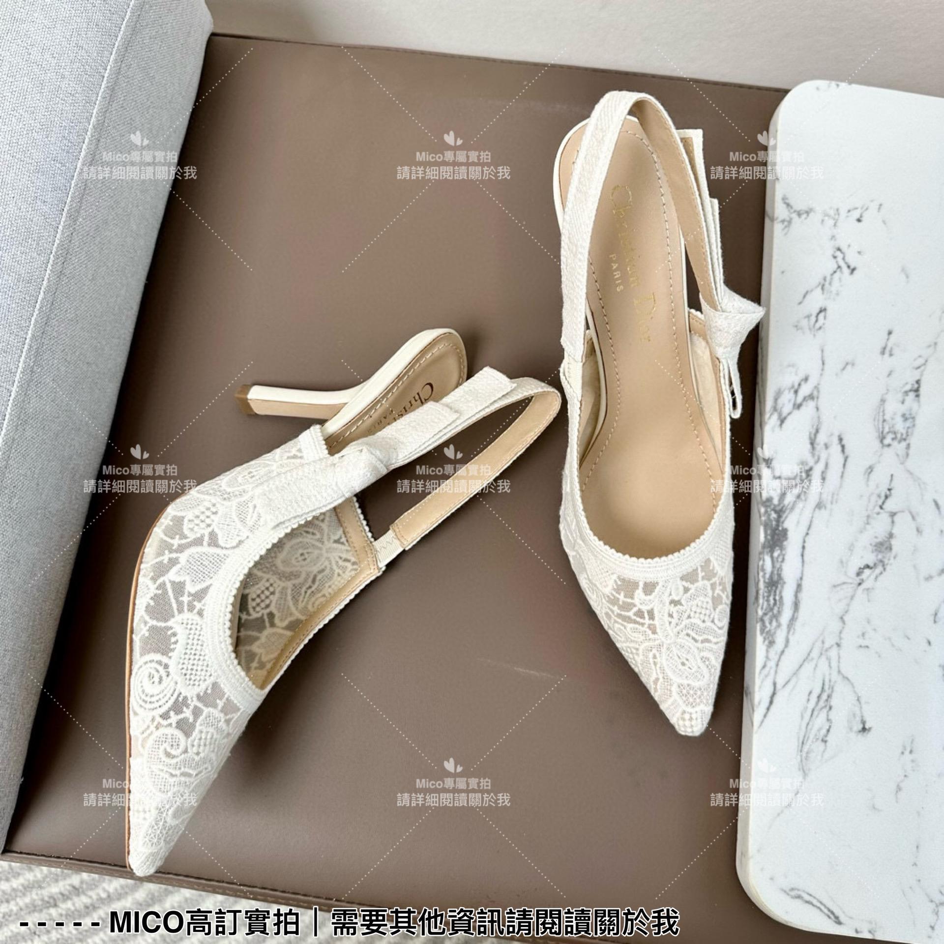 Dior 經典小貓跟 白色蕾絲尖頭繫帶跟鞋/涼鞋/女鞋 跟高9cm 35-40