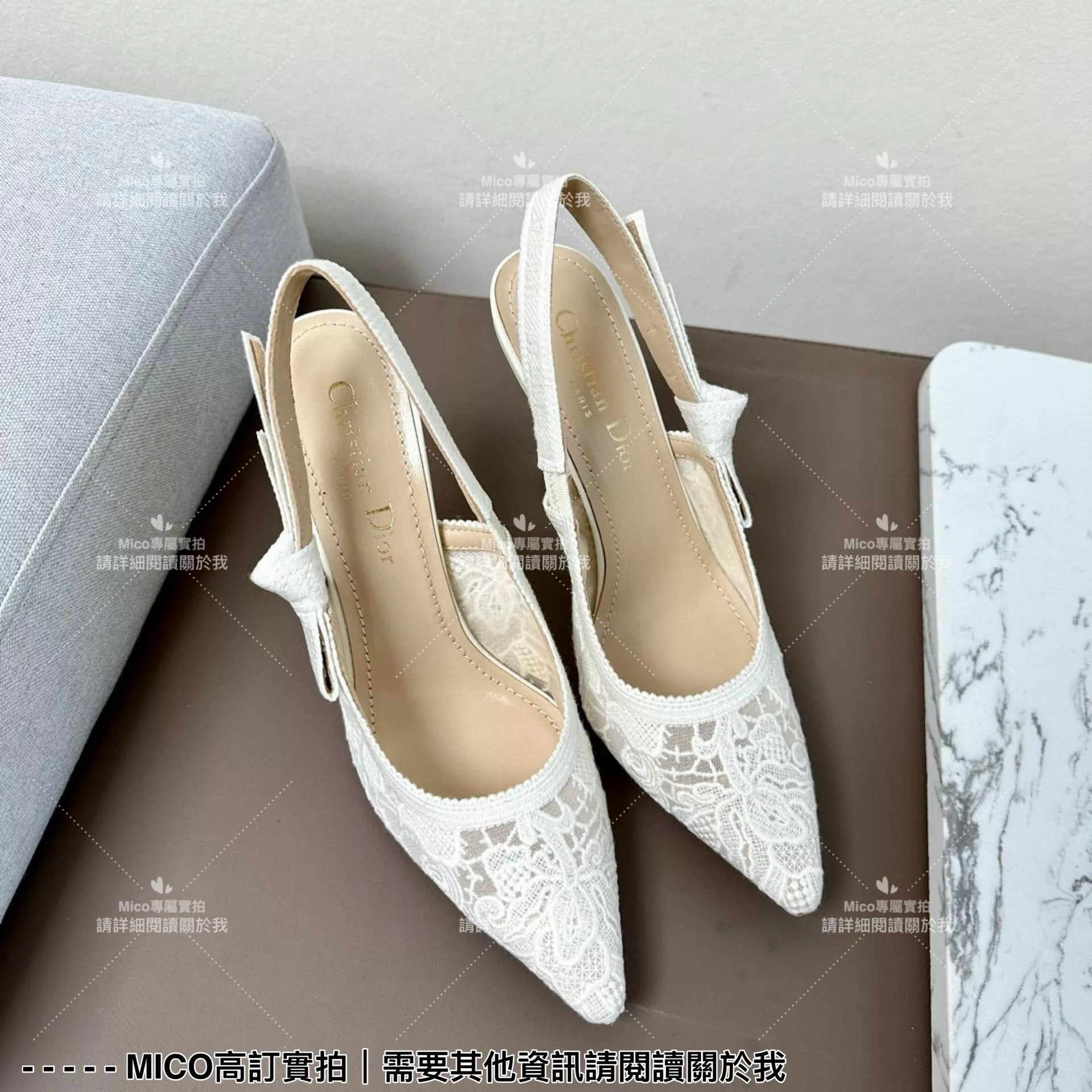 Dior 經典小貓跟 白色蕾絲尖頭繫帶跟鞋/涼鞋/女鞋 跟高9cm 35-40