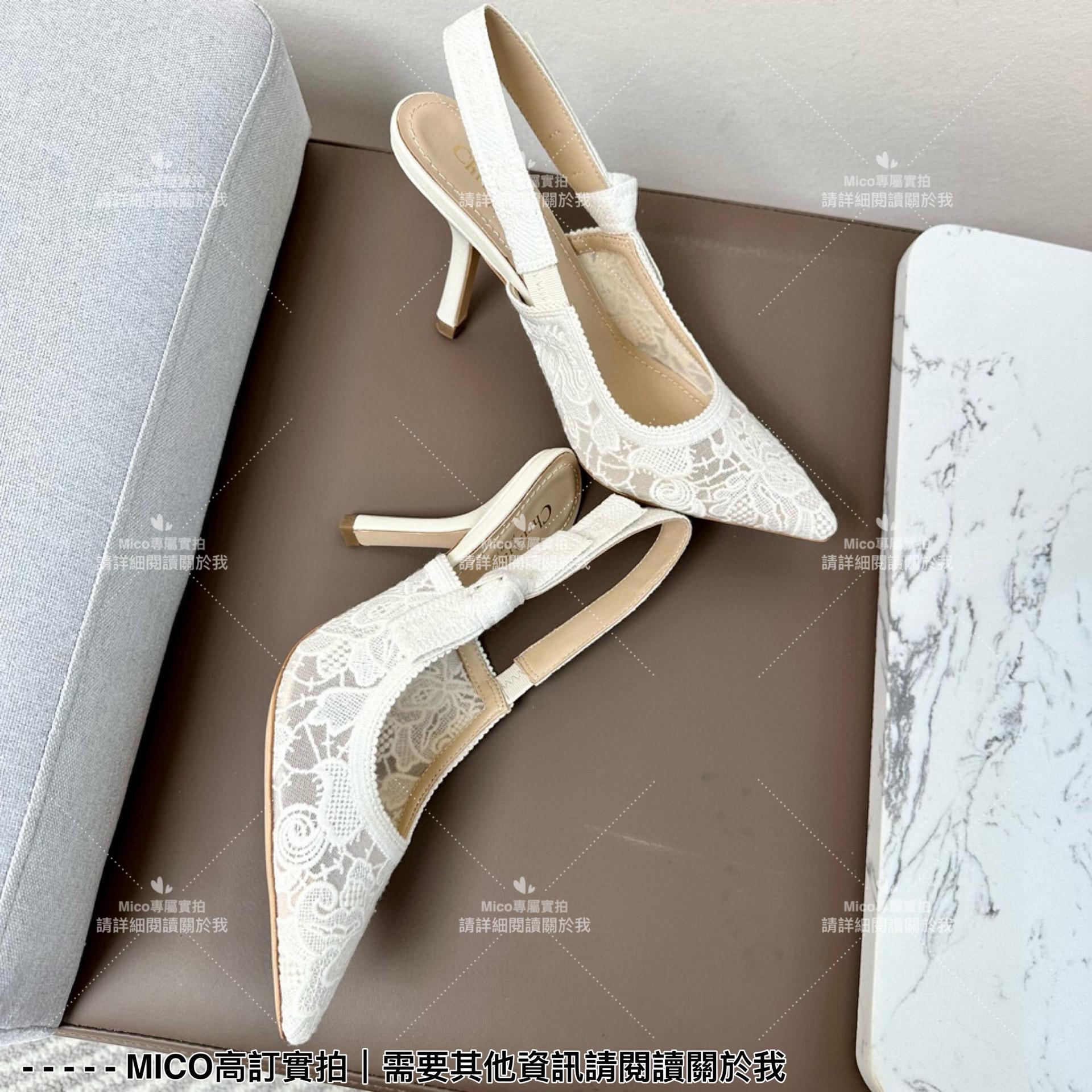 Dior 經典小貓跟 白色蕾絲尖頭繫帶跟鞋/涼鞋/女鞋 跟高9cm 35-40