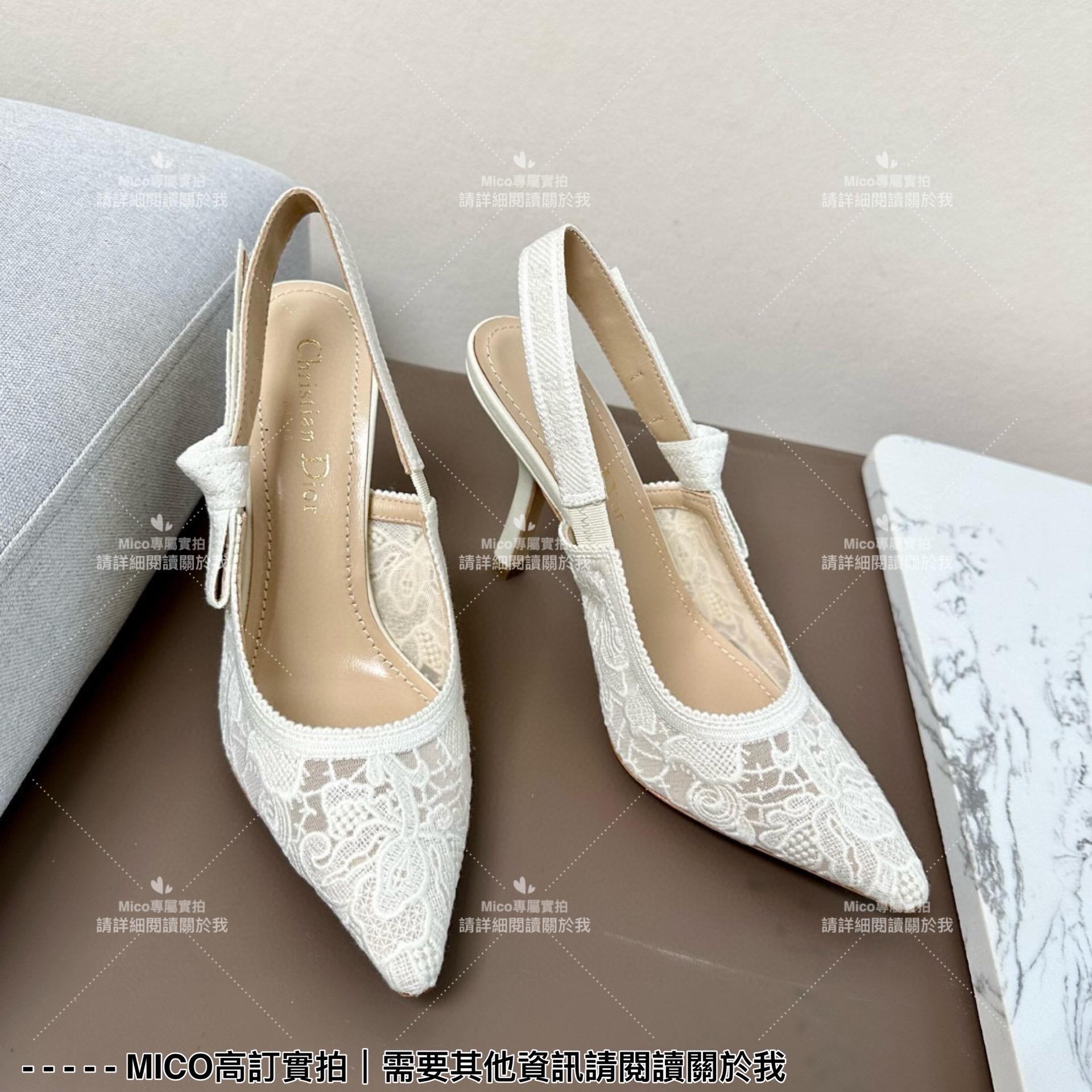 Dior 經典小貓跟 白色蕾絲尖頭繫帶跟鞋/涼鞋/女鞋 跟高9cm 35-40