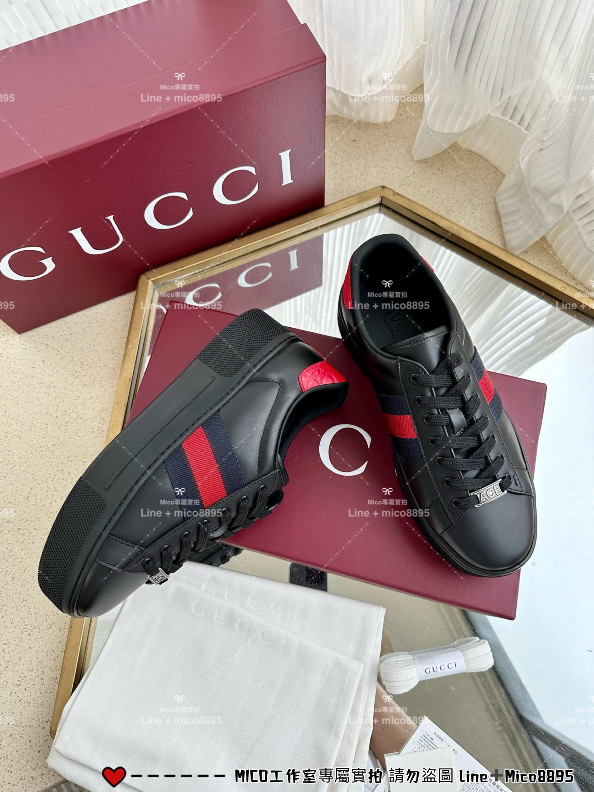 GUCCI 經典Ace系列 素面黑色織帶款厚底休閒小白鞋 底厚4.5cm 男女同款/情侶鞋/35-44 （三個色/下單備註顏色尺碼）