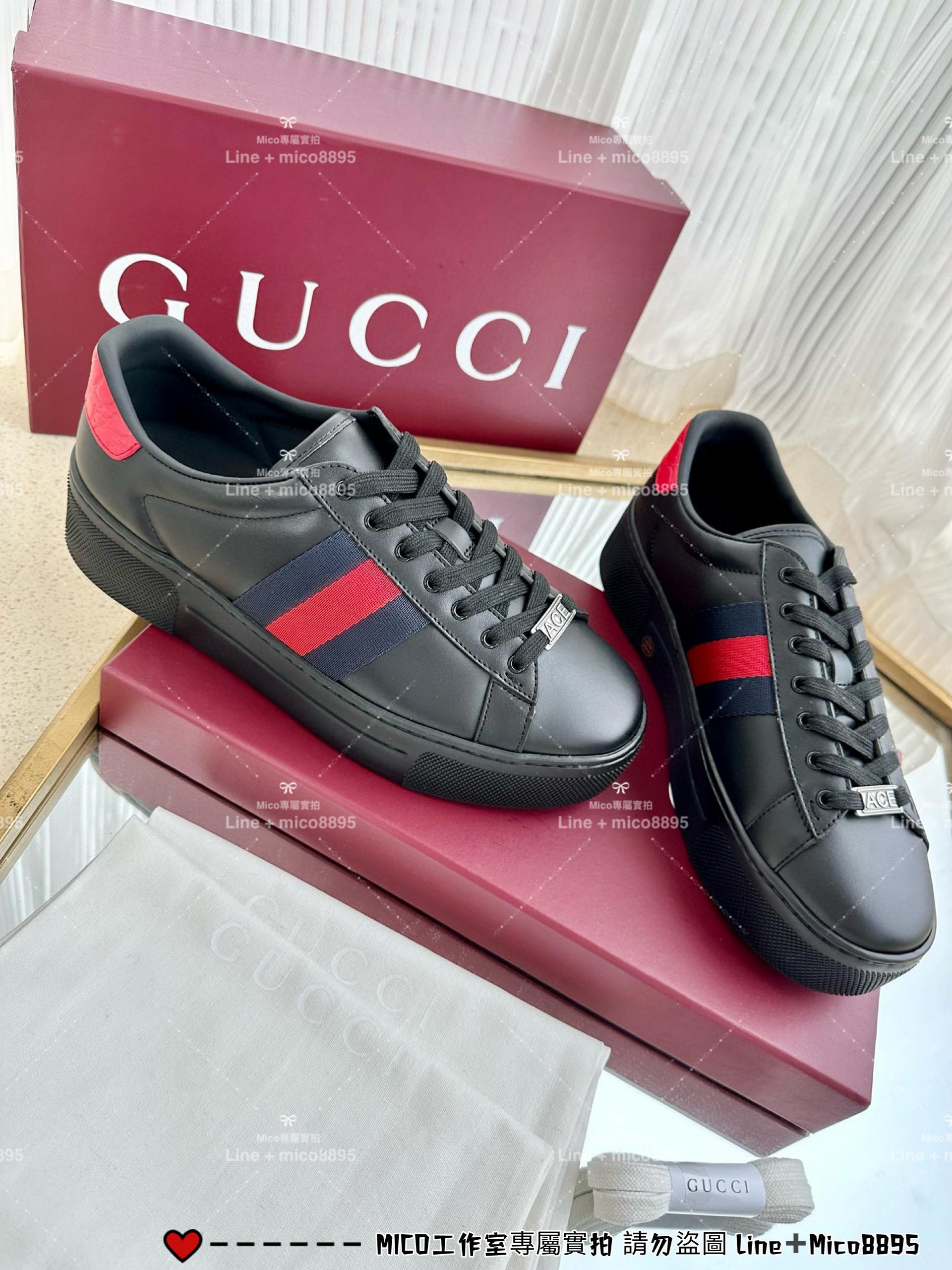 GUCCI 經典Ace系列 素面黑色織帶款厚底休閒小白鞋 底厚4.5cm 男女同款/情侶鞋/35-44 （三個色/下單備註顏色尺碼）