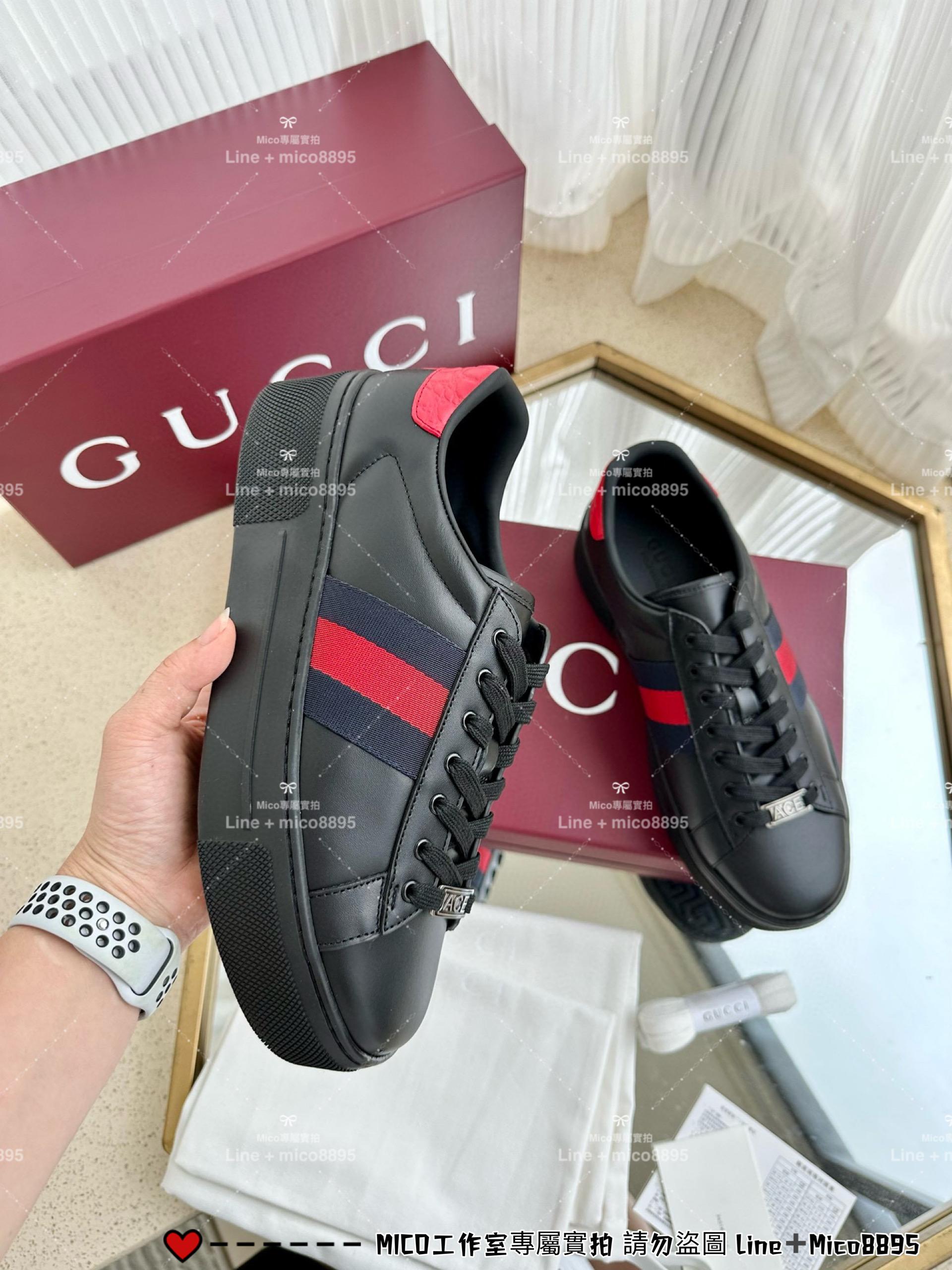 GUCCI 經典Ace系列 素面黑色織帶款厚底休閒小白鞋 底厚4.5cm 男女同款/情侶鞋/35-44 （三個色/下單備註顏色尺碼）