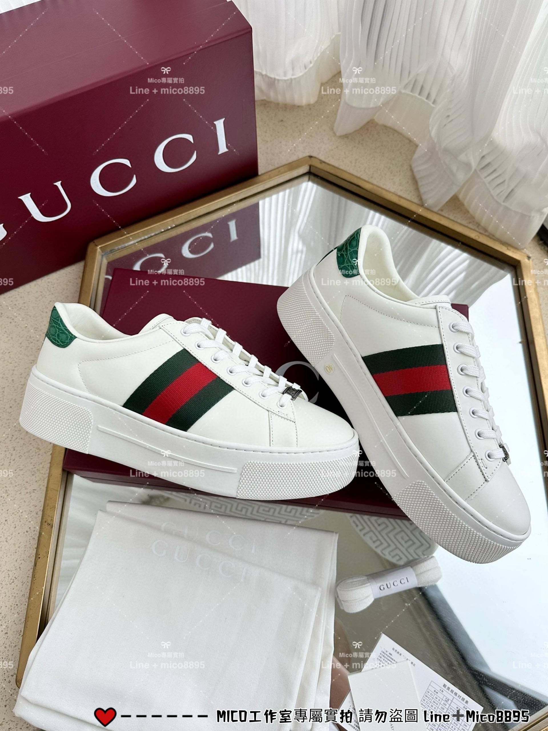 GUCCI 經典Ace系列 白底款厚底休閒小白鞋 底厚4.5cm 男女同款/情侶鞋/35-44 （三個色/下單備註顏色尺碼）