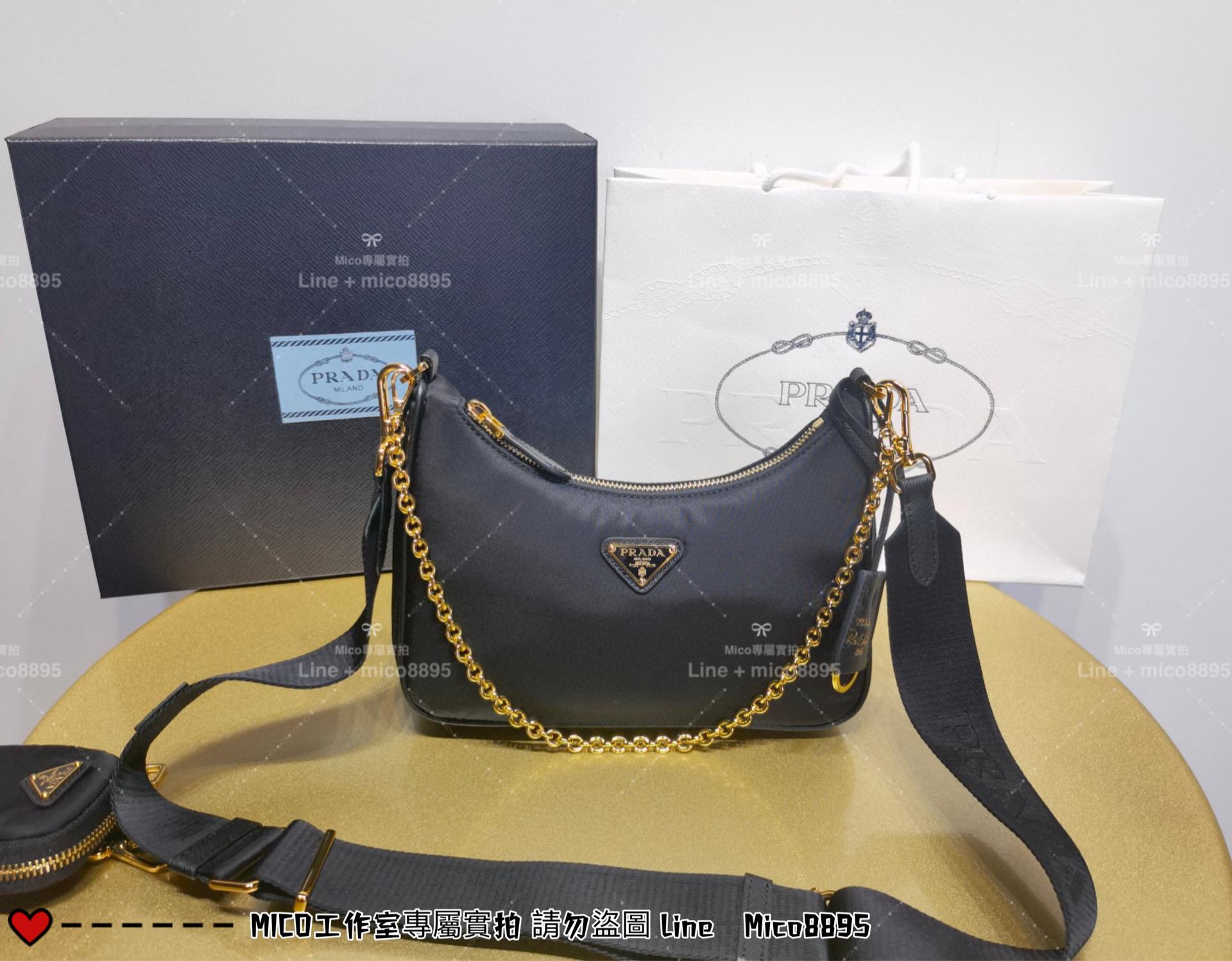 PRADA 尼龍黑/金色五金 三合一腋下包 HOBo Re-Edition 2005 Re-Nylon 手袋 22cm