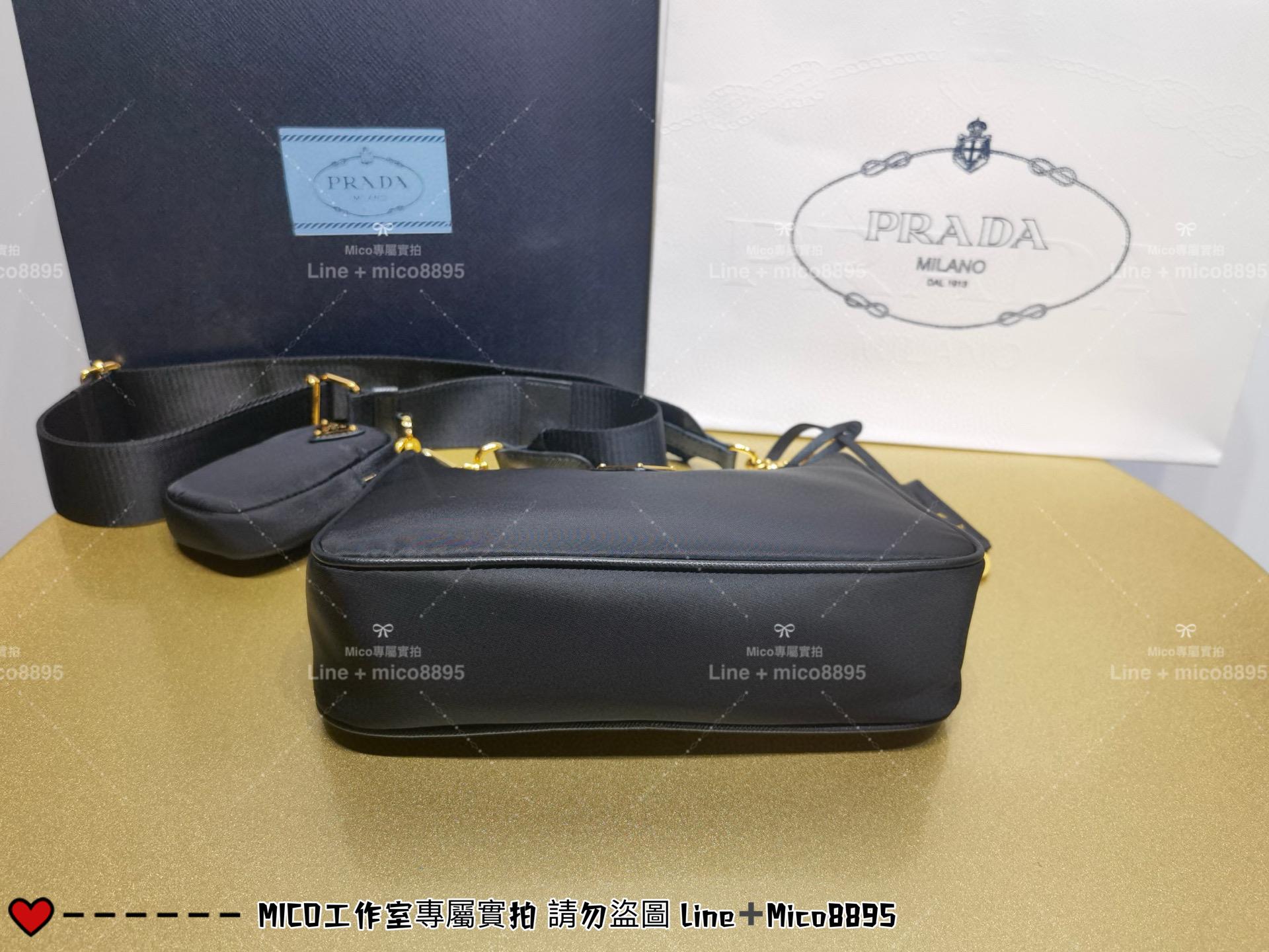 PRADA 尼龍黑/金色五金 三合一腋下包 HOBo Re-Edition 2005 Re-Nylon 手袋 22cm