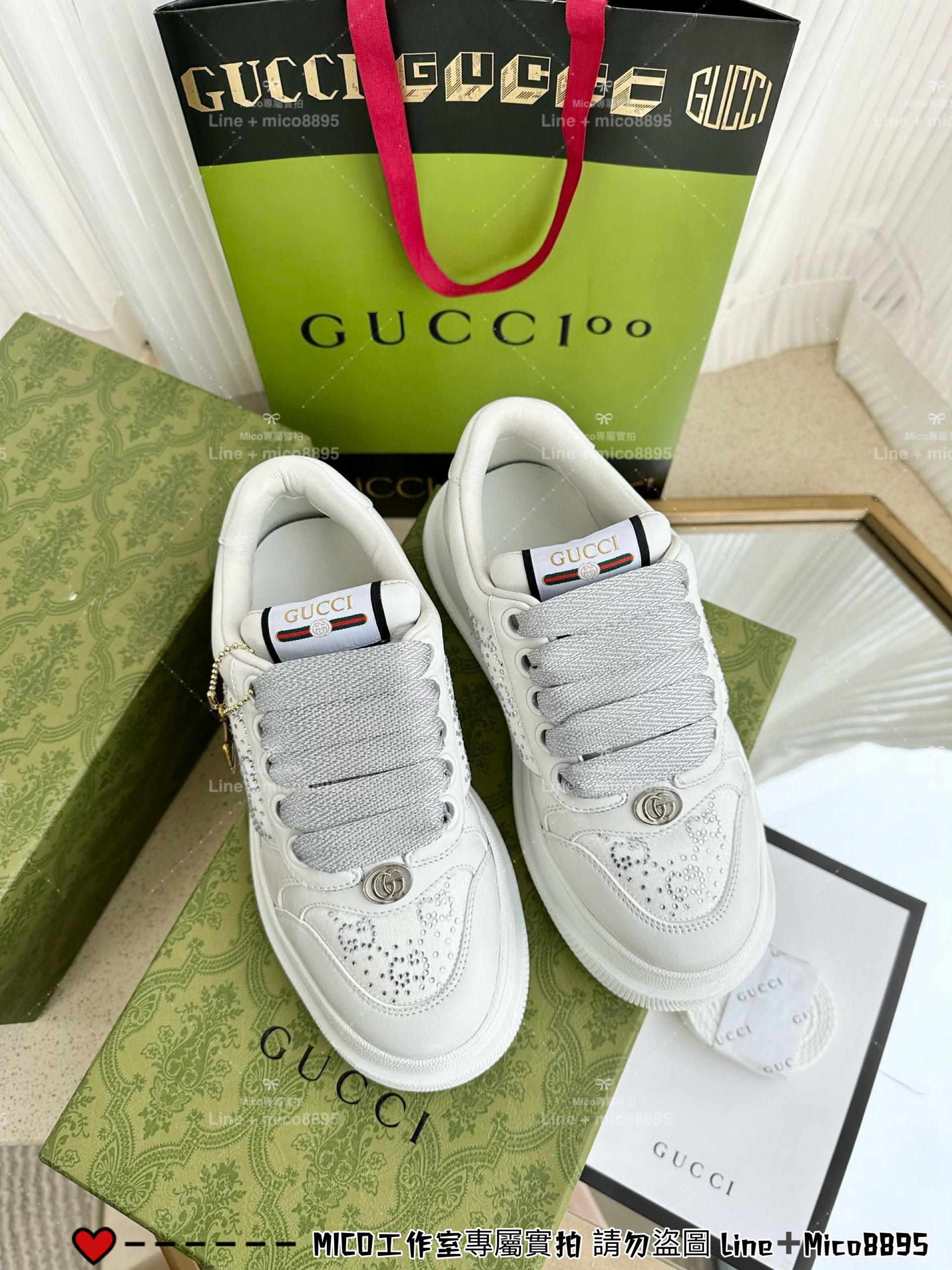 GUCCI Double Screener 白鑽厚底小胖丁休閒鞋/麵包鞋 底厚6cm 35-40