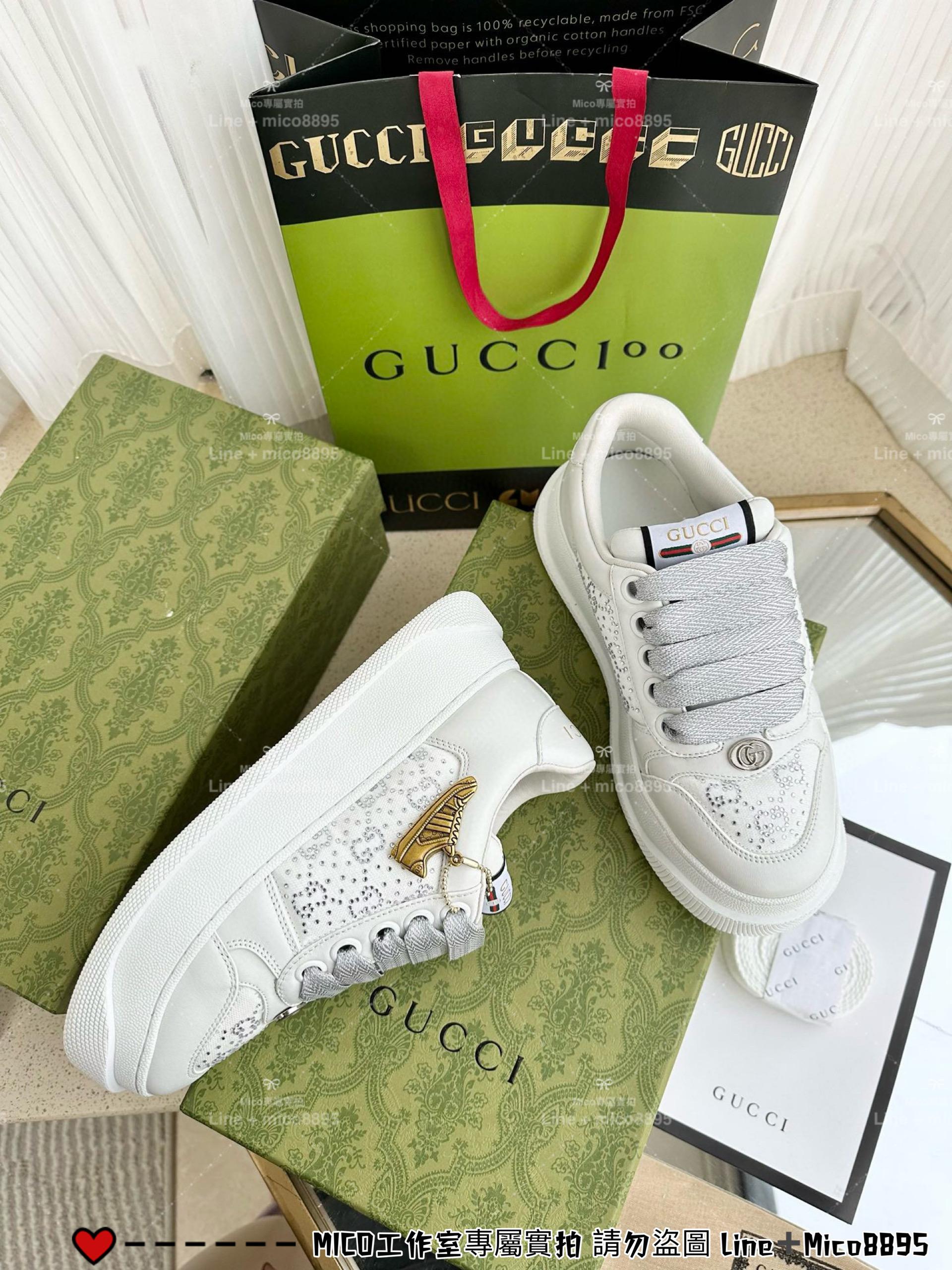 GUCCI Double Screener 白鑽厚底小胖丁休閒鞋/麵包鞋 底厚6cm 35-40