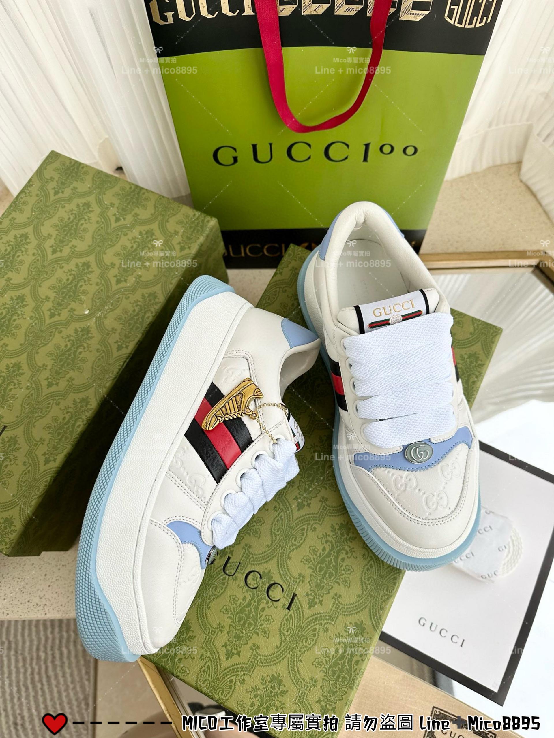 GUCCI Double Screener 馬卡龍藍色厚底小胖丁休閒鞋/麵包鞋 底厚6cm 35-40