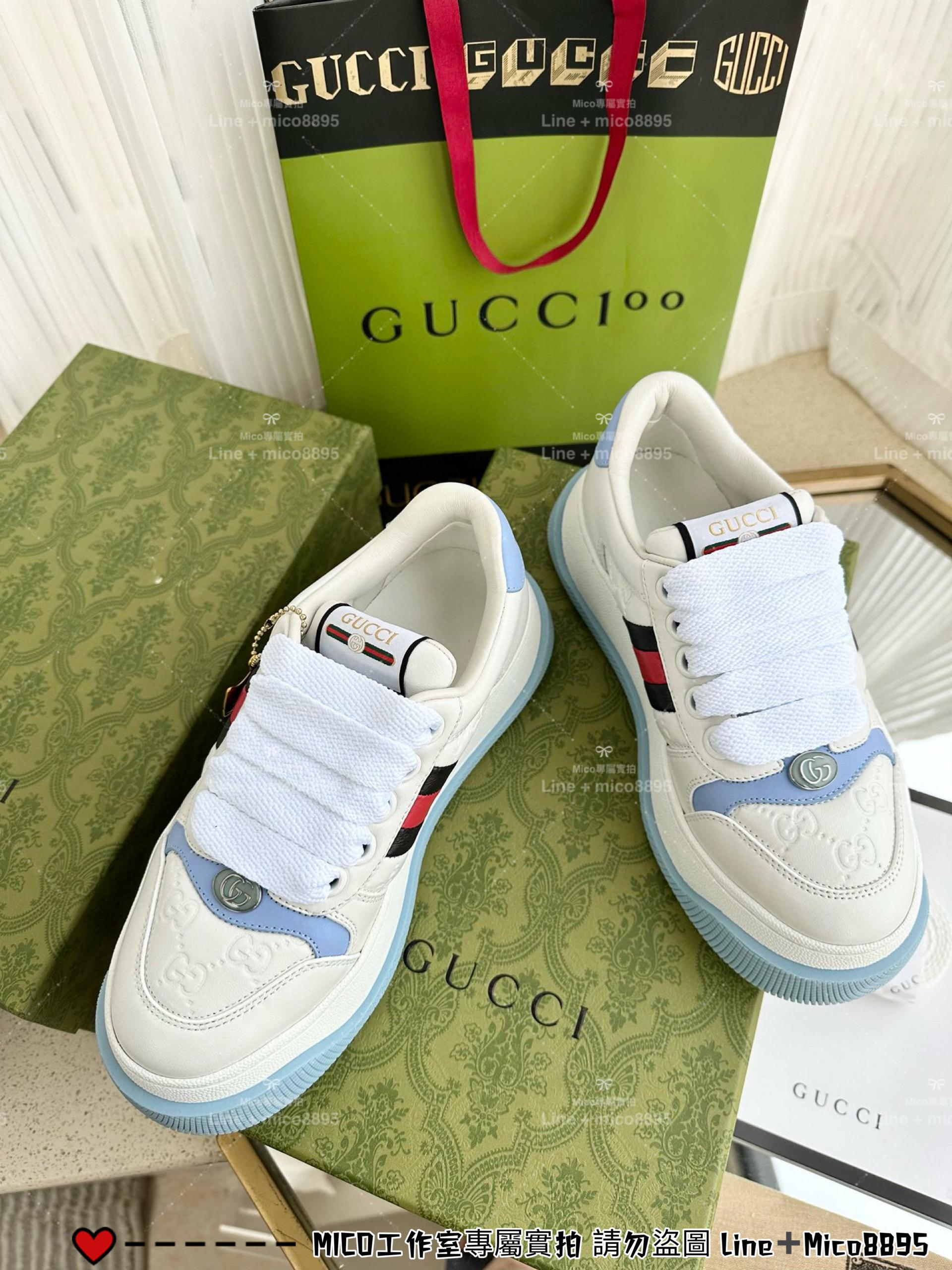 GUCCI Double Screener 馬卡龍藍色厚底小胖丁休閒鞋/麵包鞋 底厚6cm 35-40