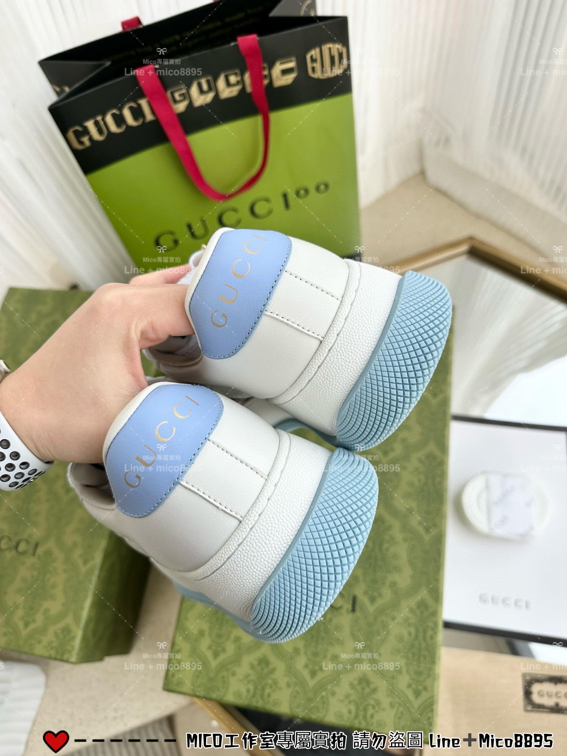 GUCCI Double Screener 馬卡龍藍色厚底小胖丁休閒鞋/麵包鞋 底厚6cm 35-40