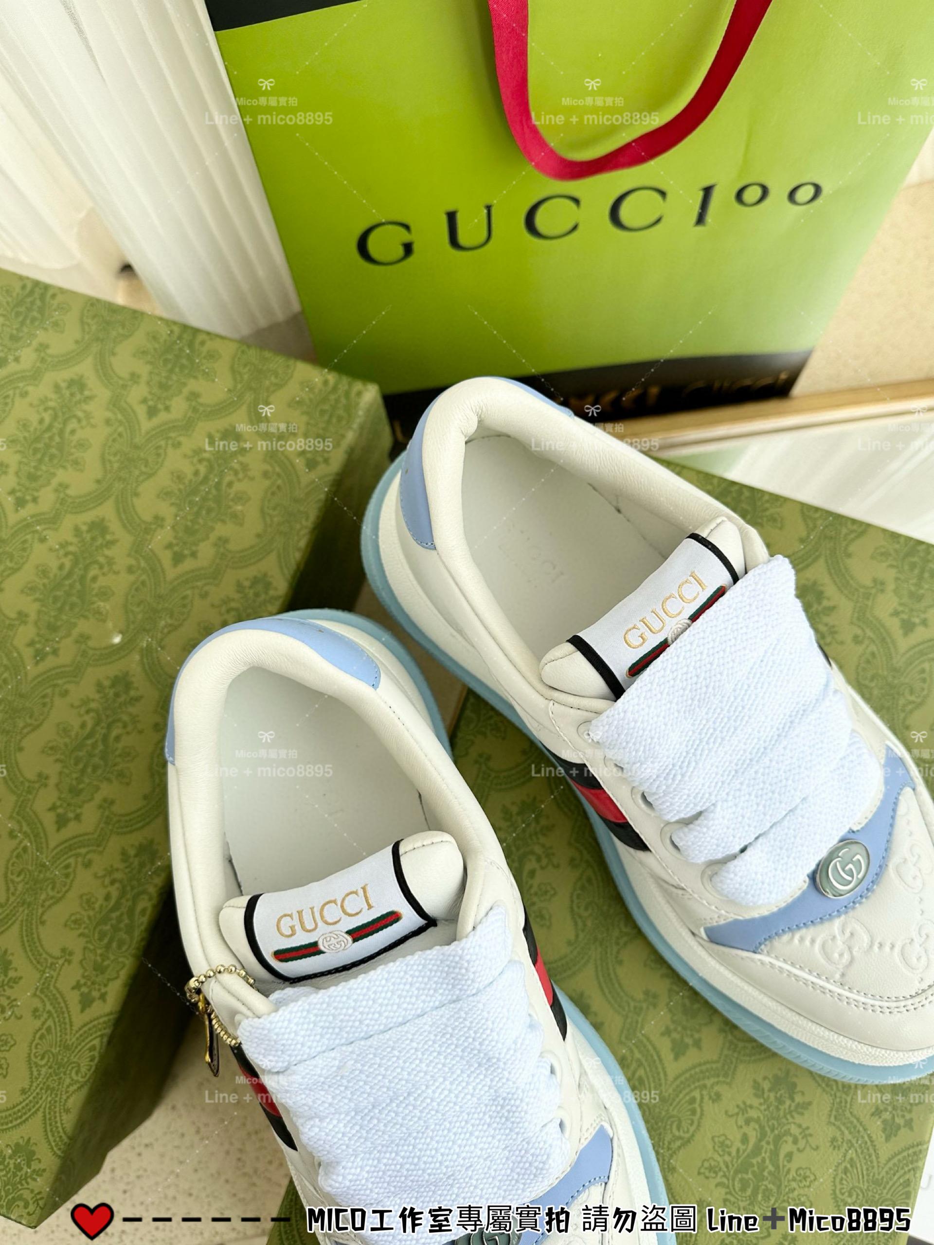 GUCCI Double Screener 馬卡龍藍色厚底小胖丁休閒鞋/麵包鞋 底厚6cm 35-40