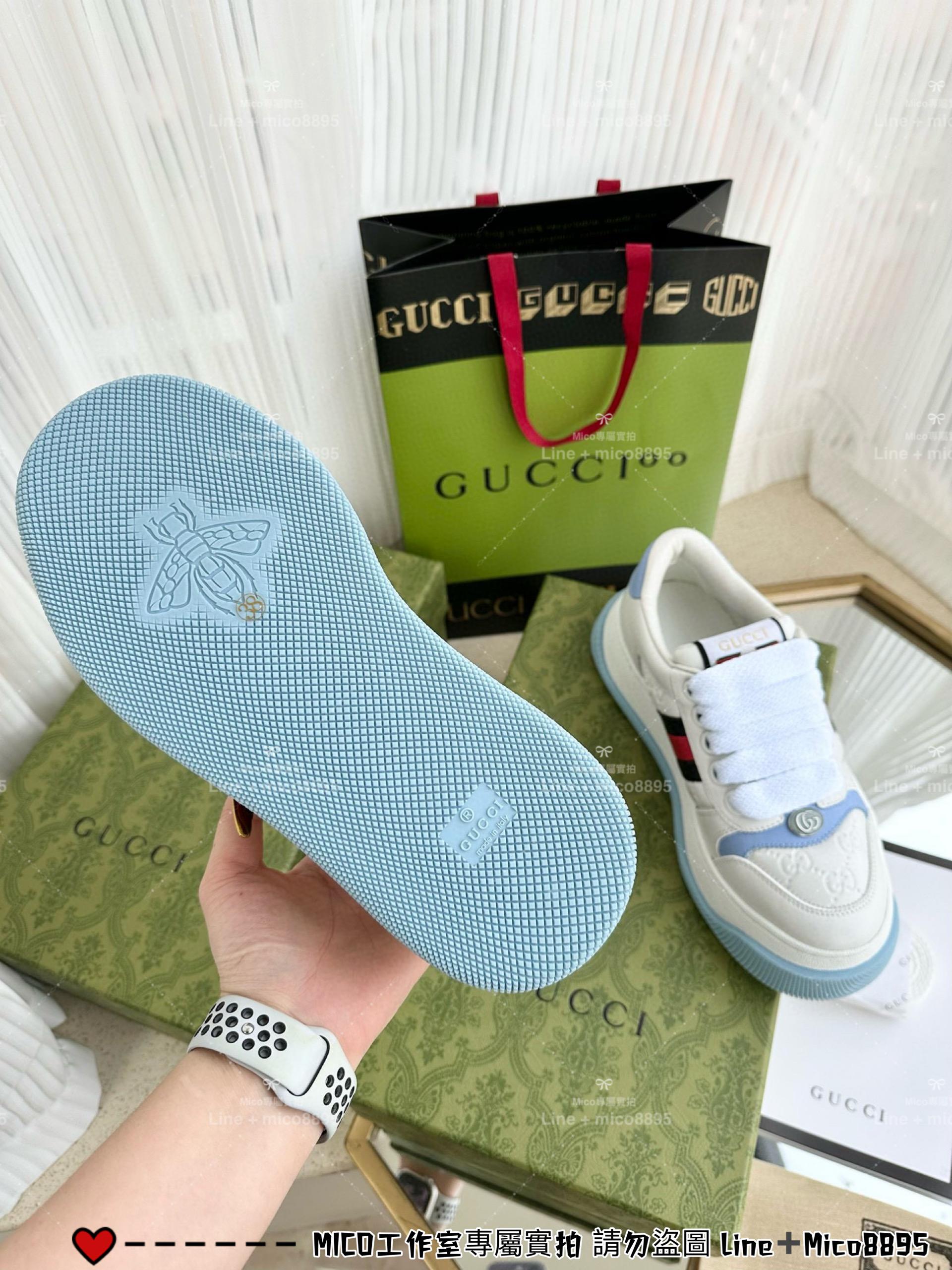 GUCCI Double Screener 馬卡龍藍色厚底小胖丁休閒鞋/麵包鞋 底厚6cm 35-40