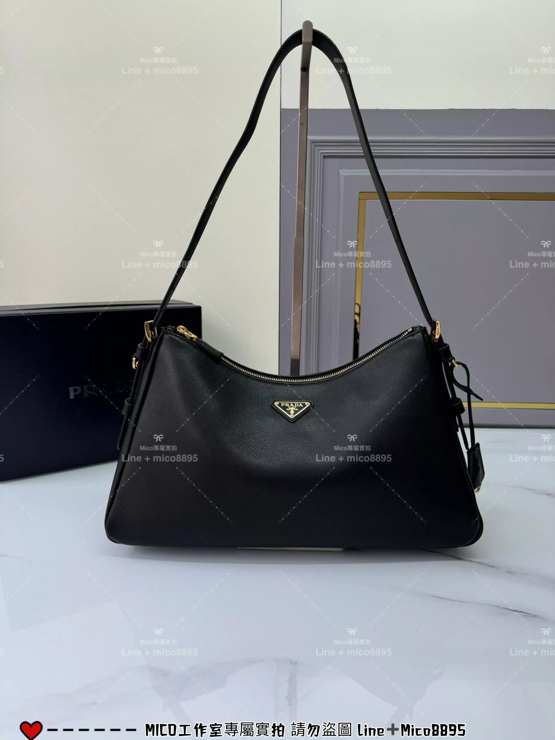 PRADA Aimee 黑色小牛皮 大號皮革肩背袋 Hobo腋下包 極簡款 39cm