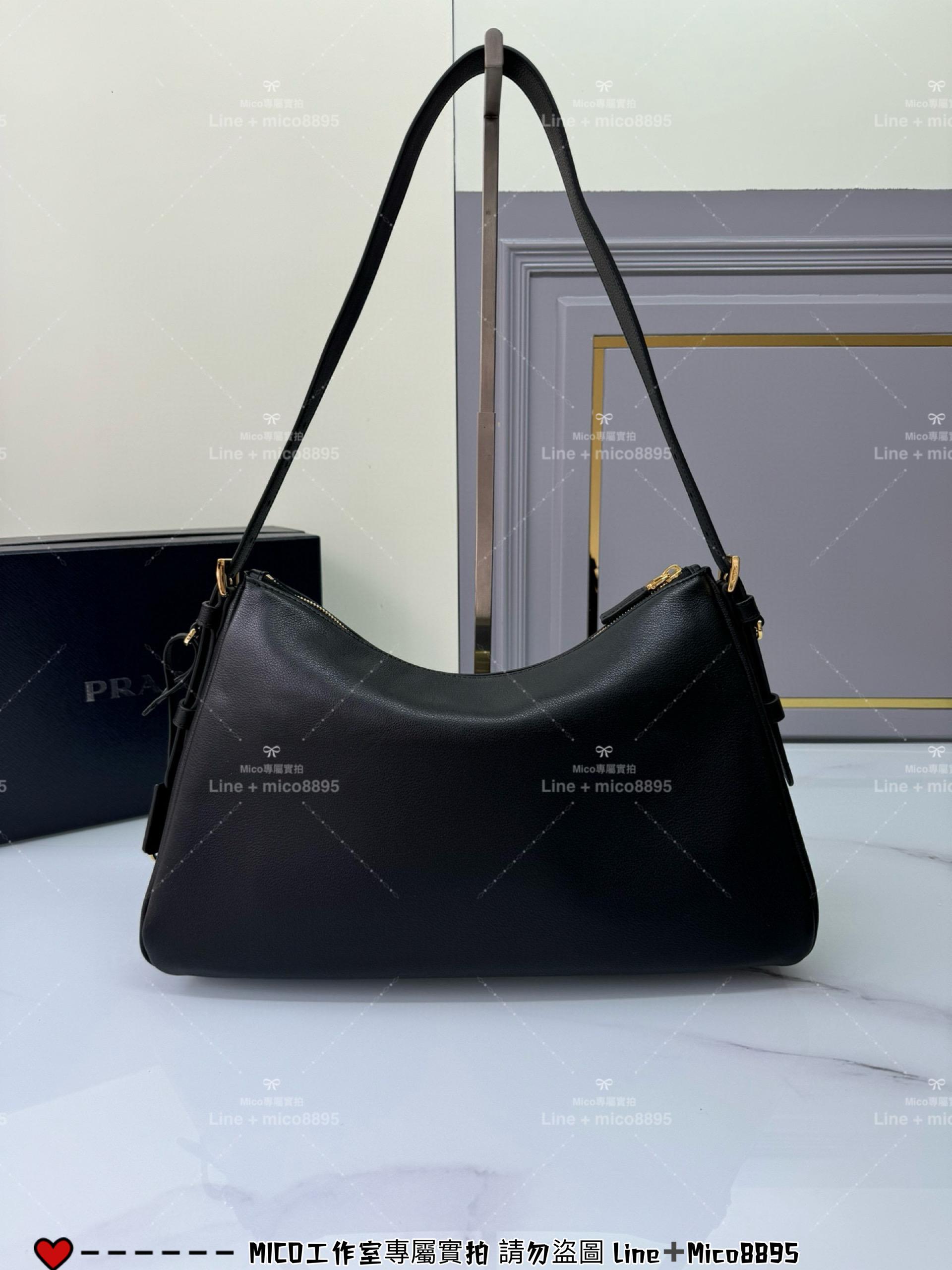 PRADA Aimee 黑色小牛皮 大號皮革肩背袋 Hobo腋下包 極簡款 39cm