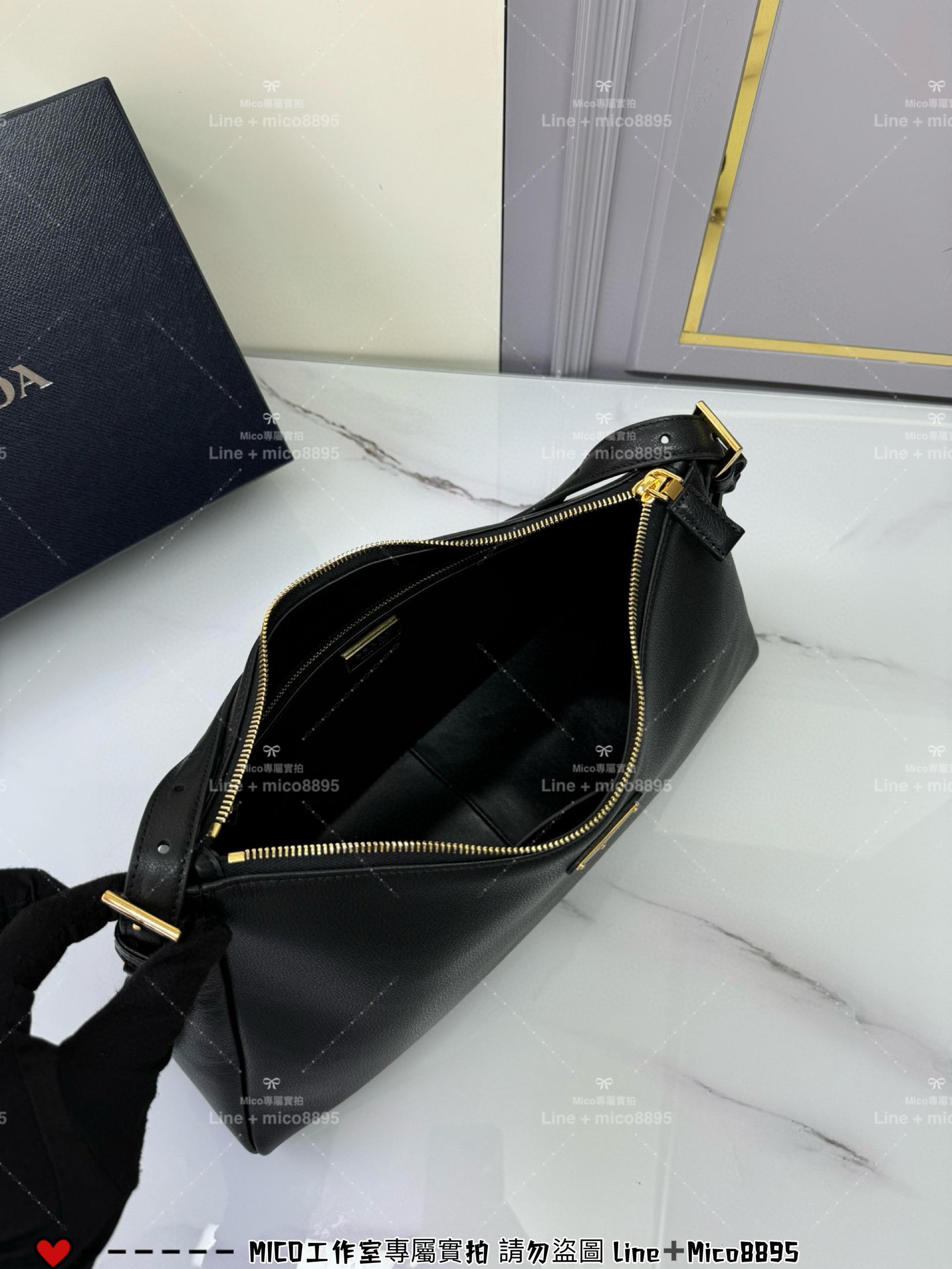 PRADA Aimee 黑色小牛皮 大號皮革肩背袋 Hobo腋下包 極簡款 39cm