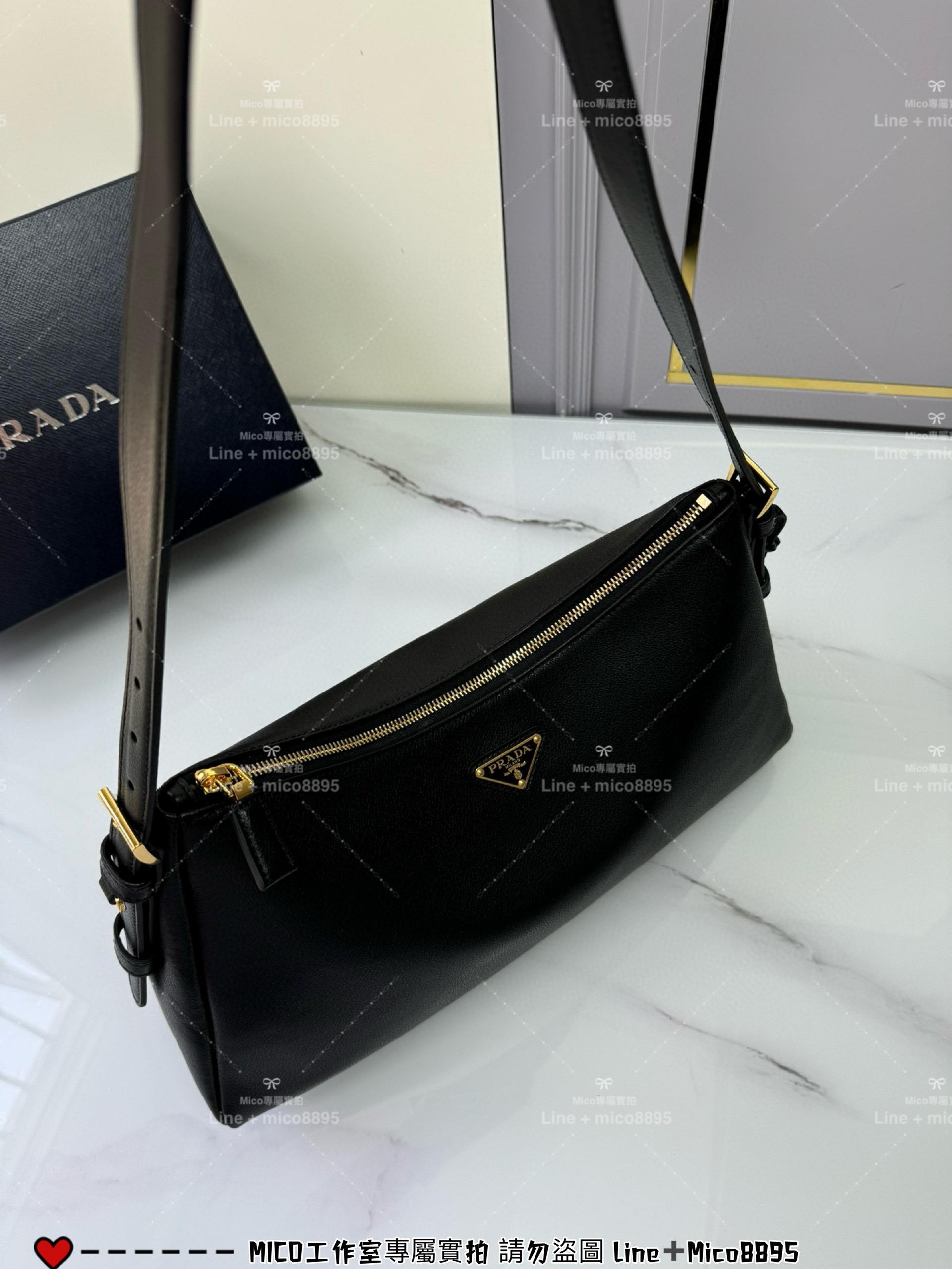 PRADA Aimee 黑色小牛皮 大號皮革肩背袋 Hobo腋下包 極簡款 39cm