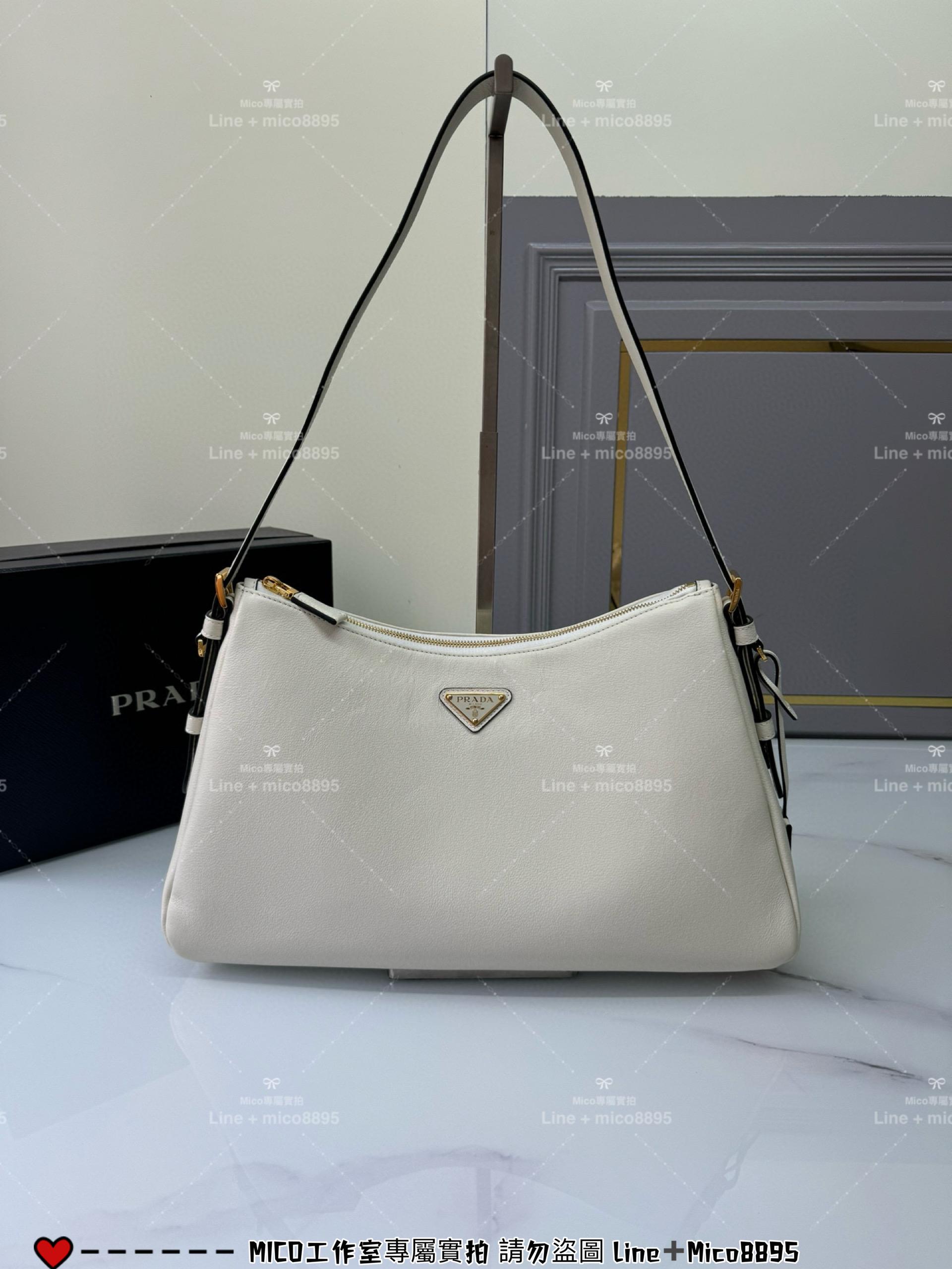 PRADA Aimee 白色小牛皮 大號皮革肩背袋 Hobo腋下包 極簡款 39cm