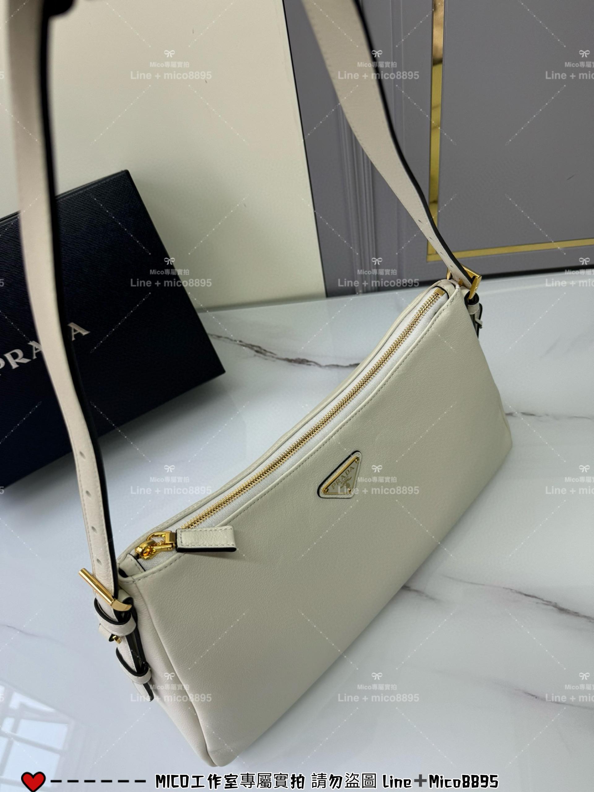 PRADA Aimee 白色小牛皮 大號皮革肩背袋 Hobo腋下包 極簡款 39cm