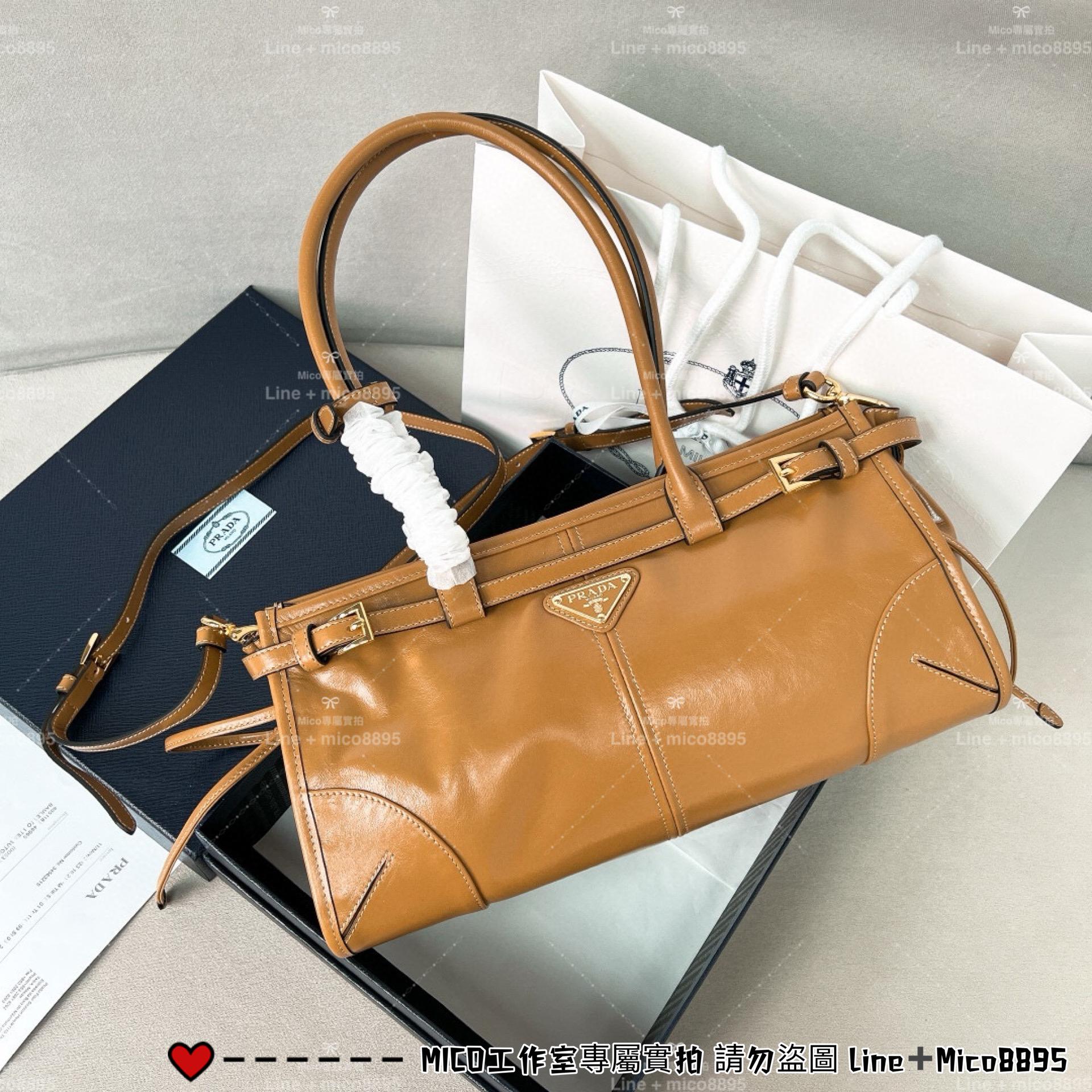 PRADA 長手把 棕色 油蠟皮/金色五金 SOFT LUX Bag 小號 32cm