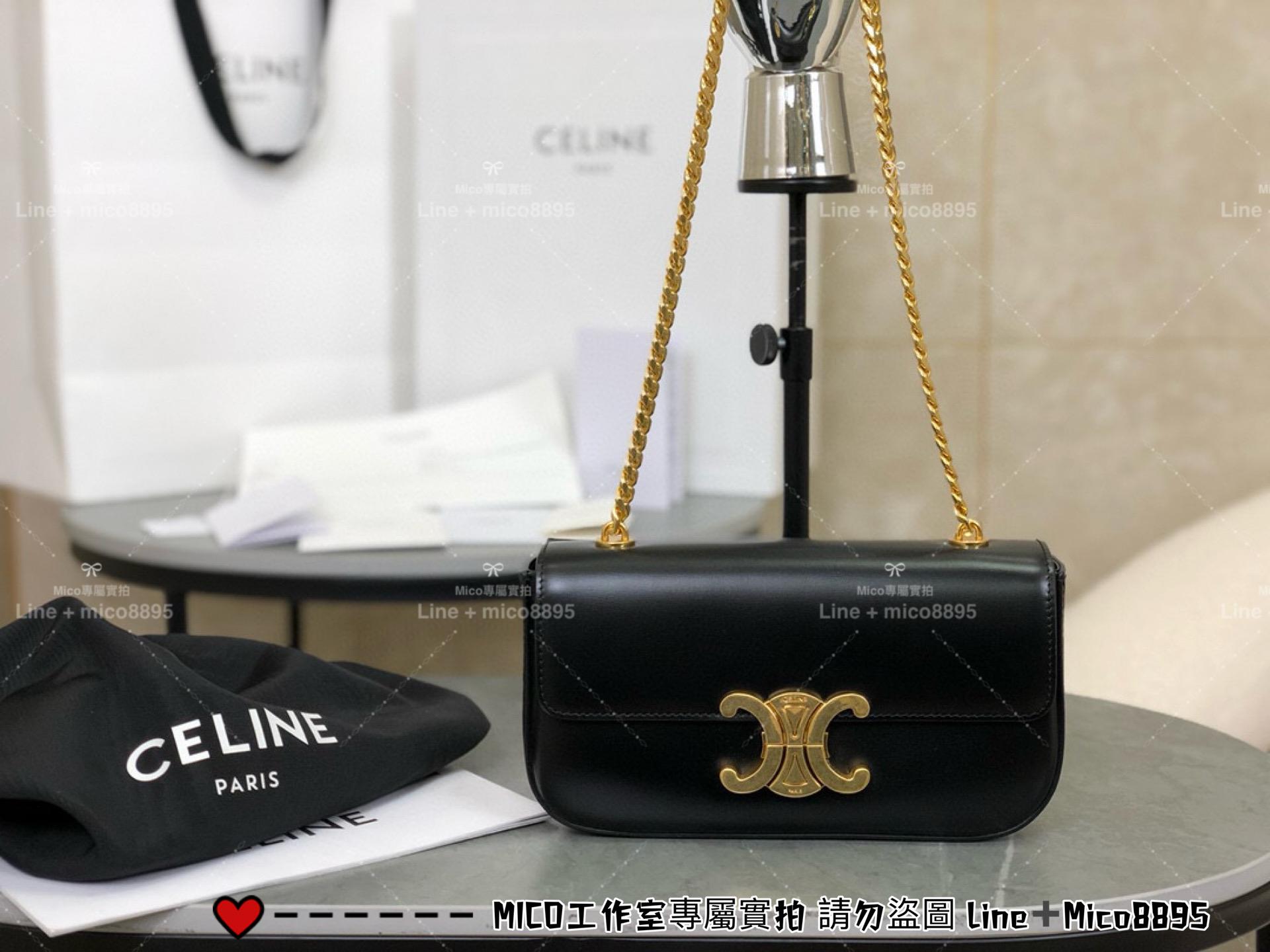 Celine 全皮鏈條腋下包 黑色/金鏈 Triomphe 凱旋釦肩背包 20cm