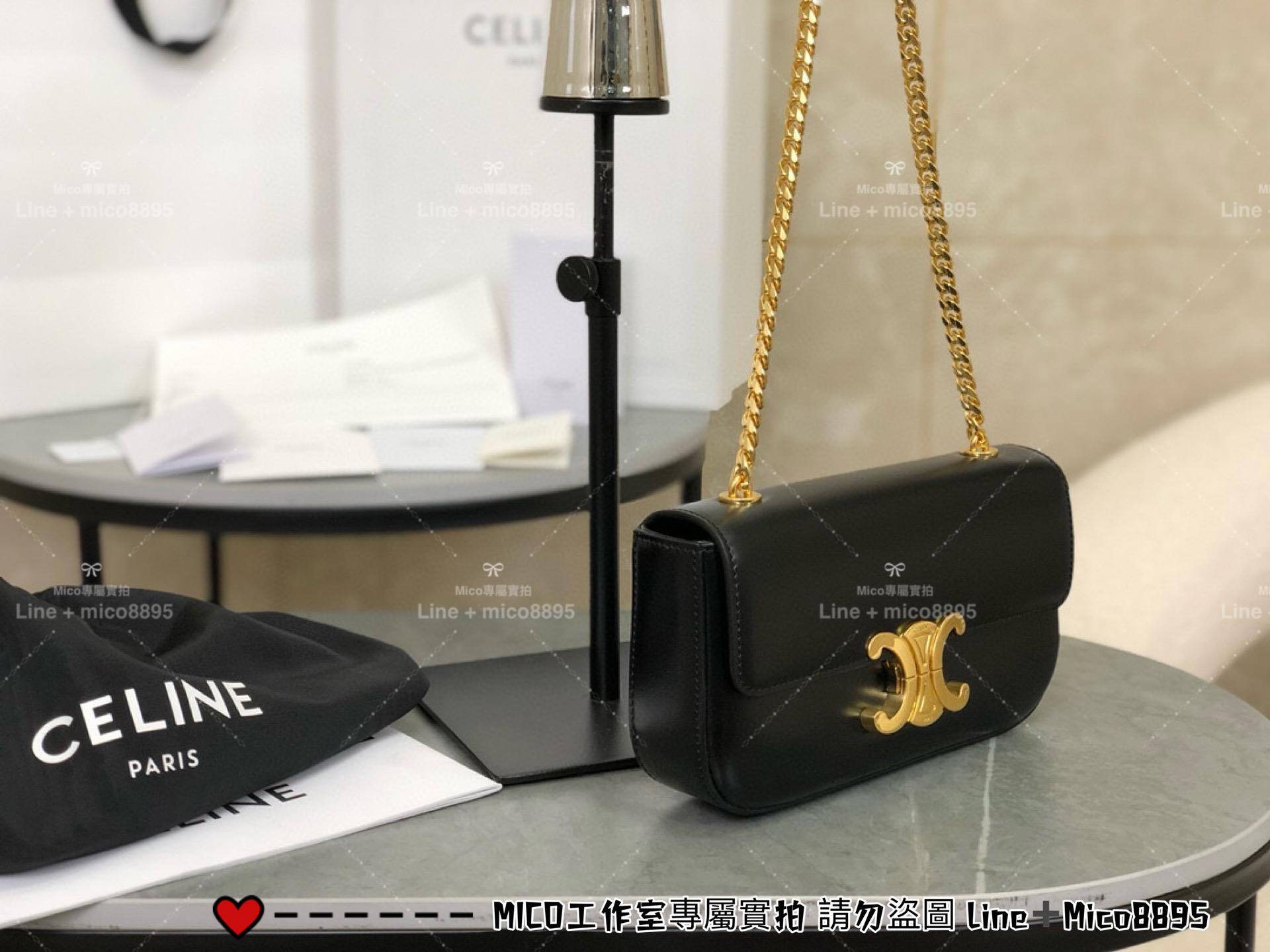 Celine 全皮鏈條腋下包 黑色/金鏈 Triomphe 凱旋釦肩背包 20cm