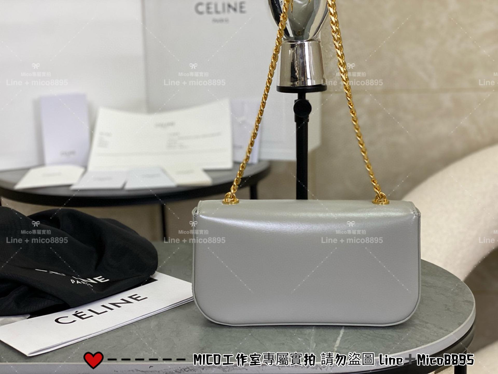 Celine 全皮鏈條腋下包 灰色/金鏈 Triomphe 凱旋釦肩背包 20cm