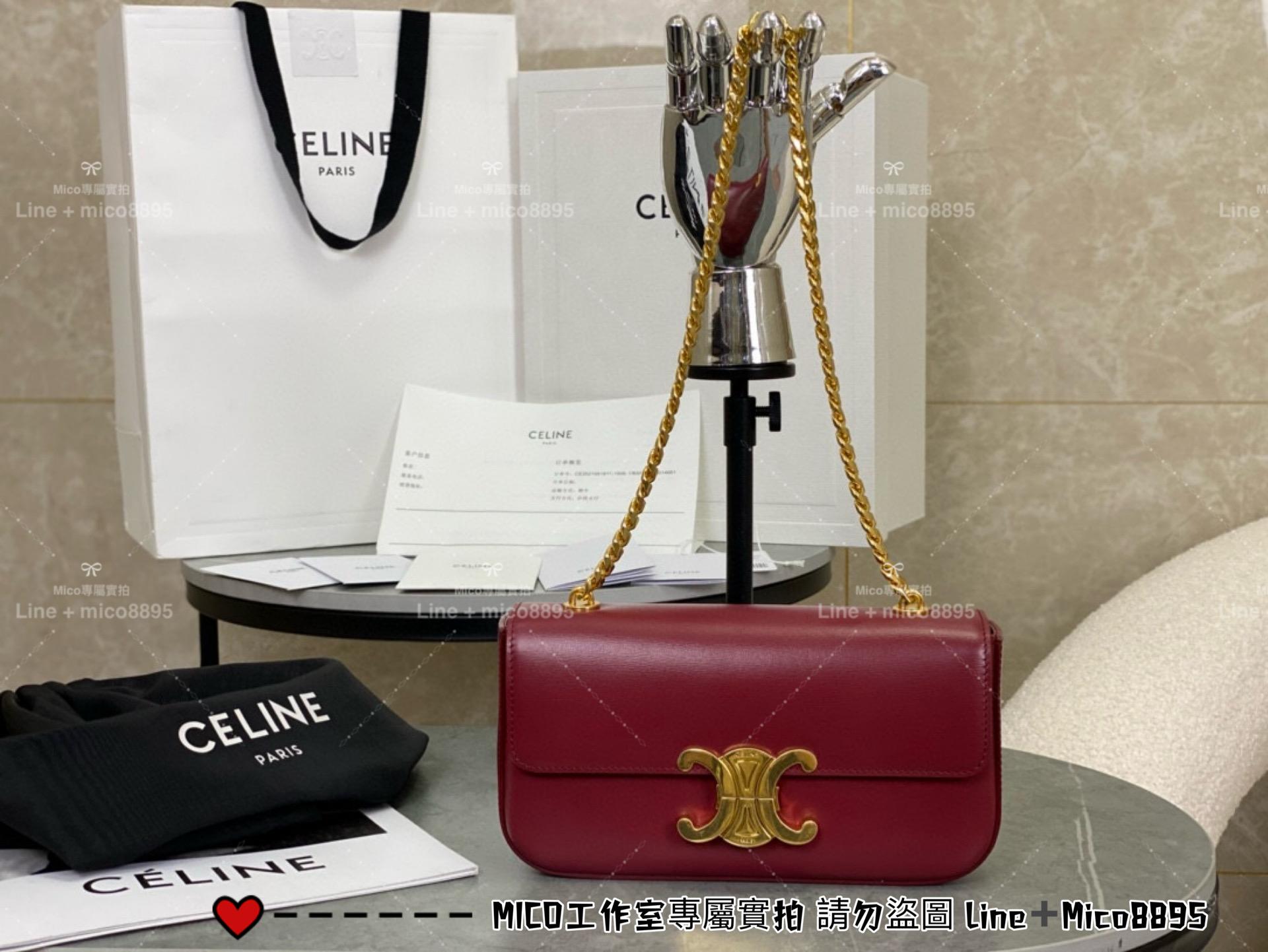 Celine 全皮鏈條腋下包 紅色/金鏈 Triomphe 凱旋釦肩背包 20cm