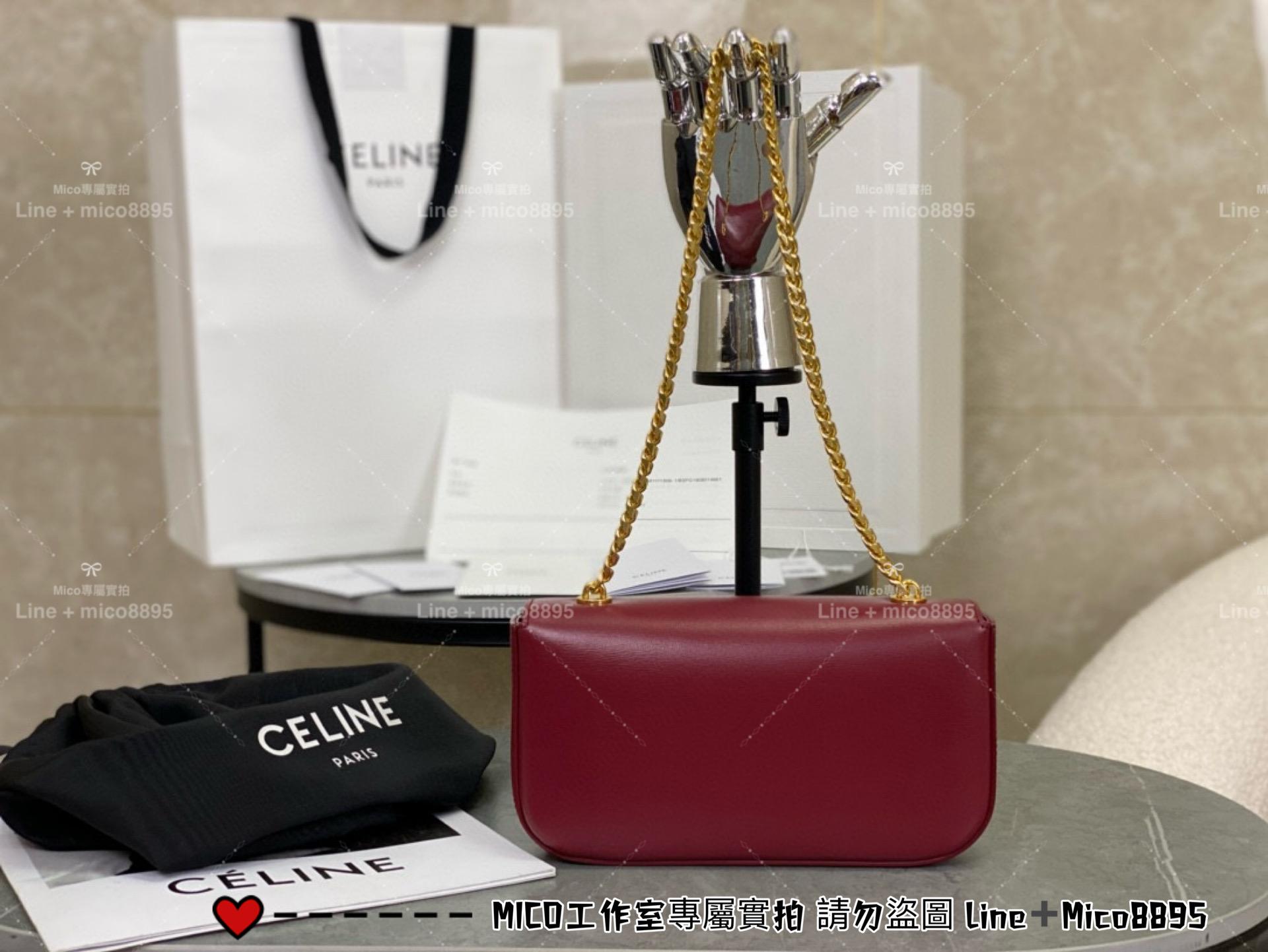 Celine 全皮鏈條腋下包 紅色/金鏈 Triomphe 凱旋釦肩背包 20cm