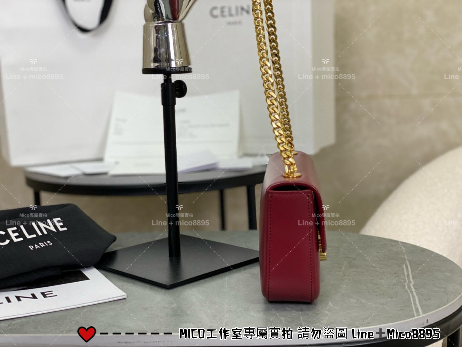 Celine 全皮鏈條腋下包 紅色/金鏈 Triomphe 凱旋釦肩背包 20cm